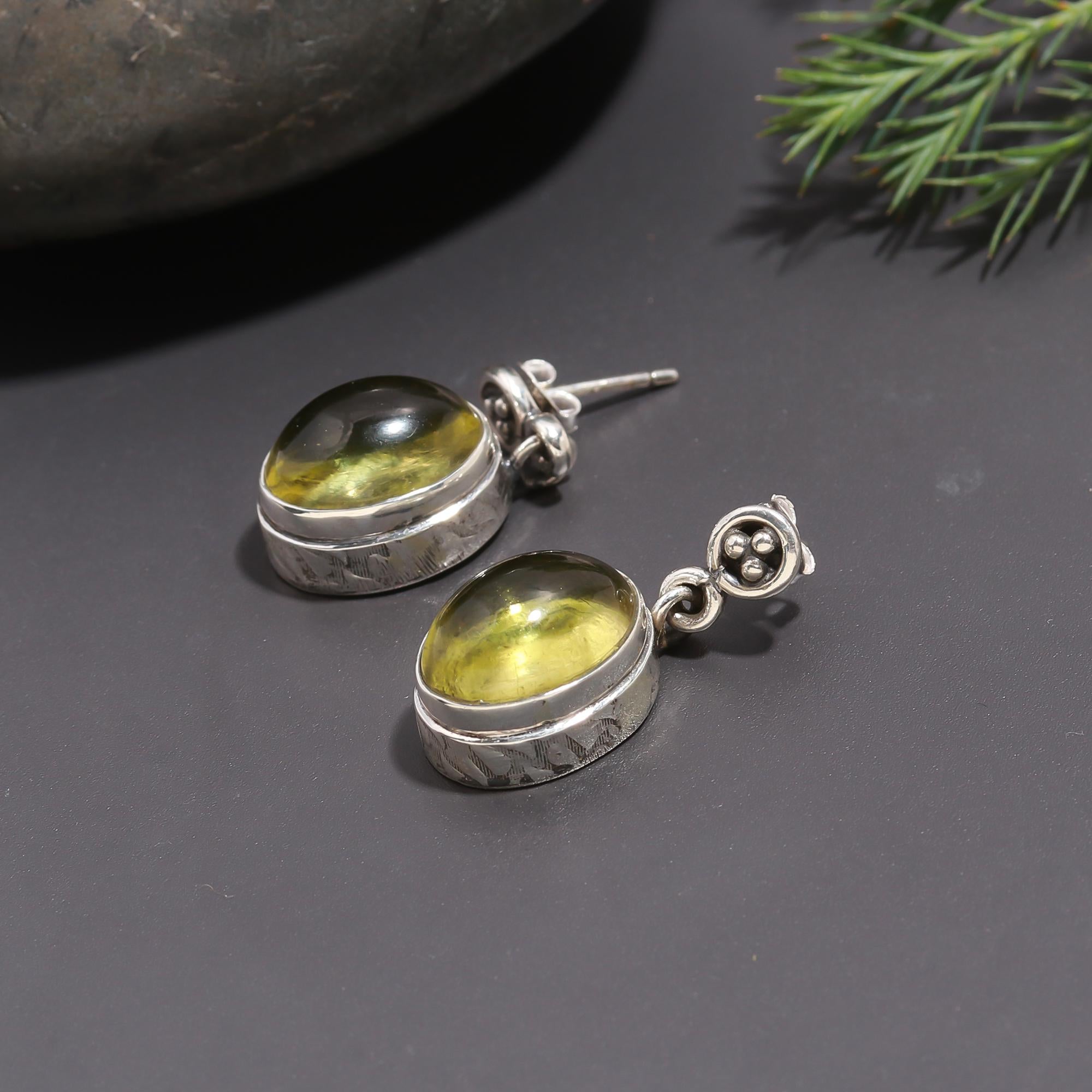 925 Silver Oval Prehnite Drop Earrings