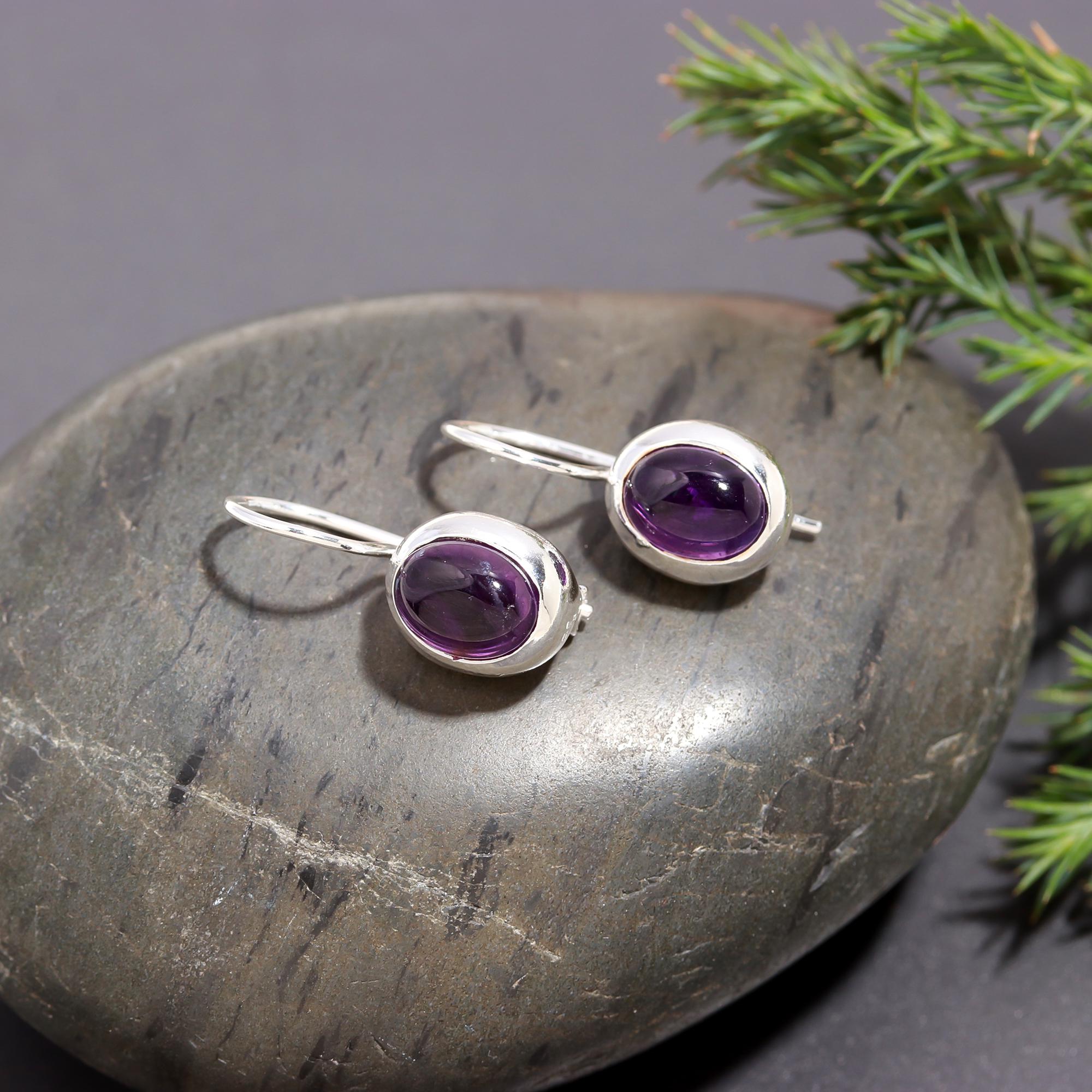 925 Silver Oval Amethyst Dangle Earrings