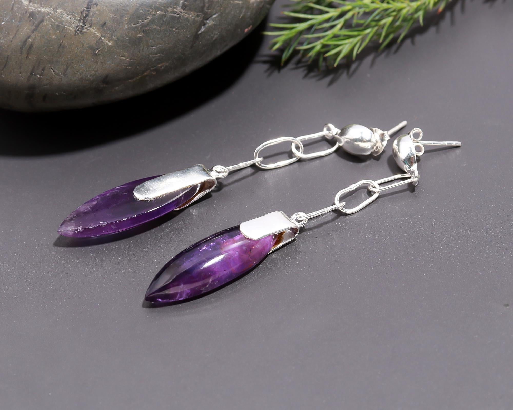 925 Silver Long Chain Amethyst Drop Earrings