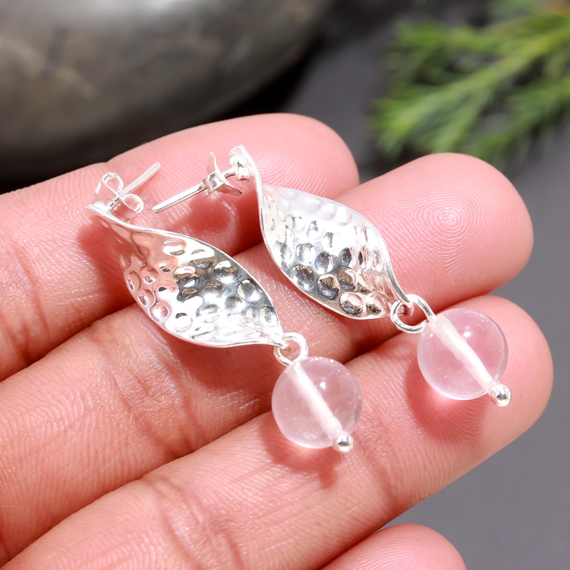 925 Silver Hammered Leaf Rose Quartz Drop Earrings