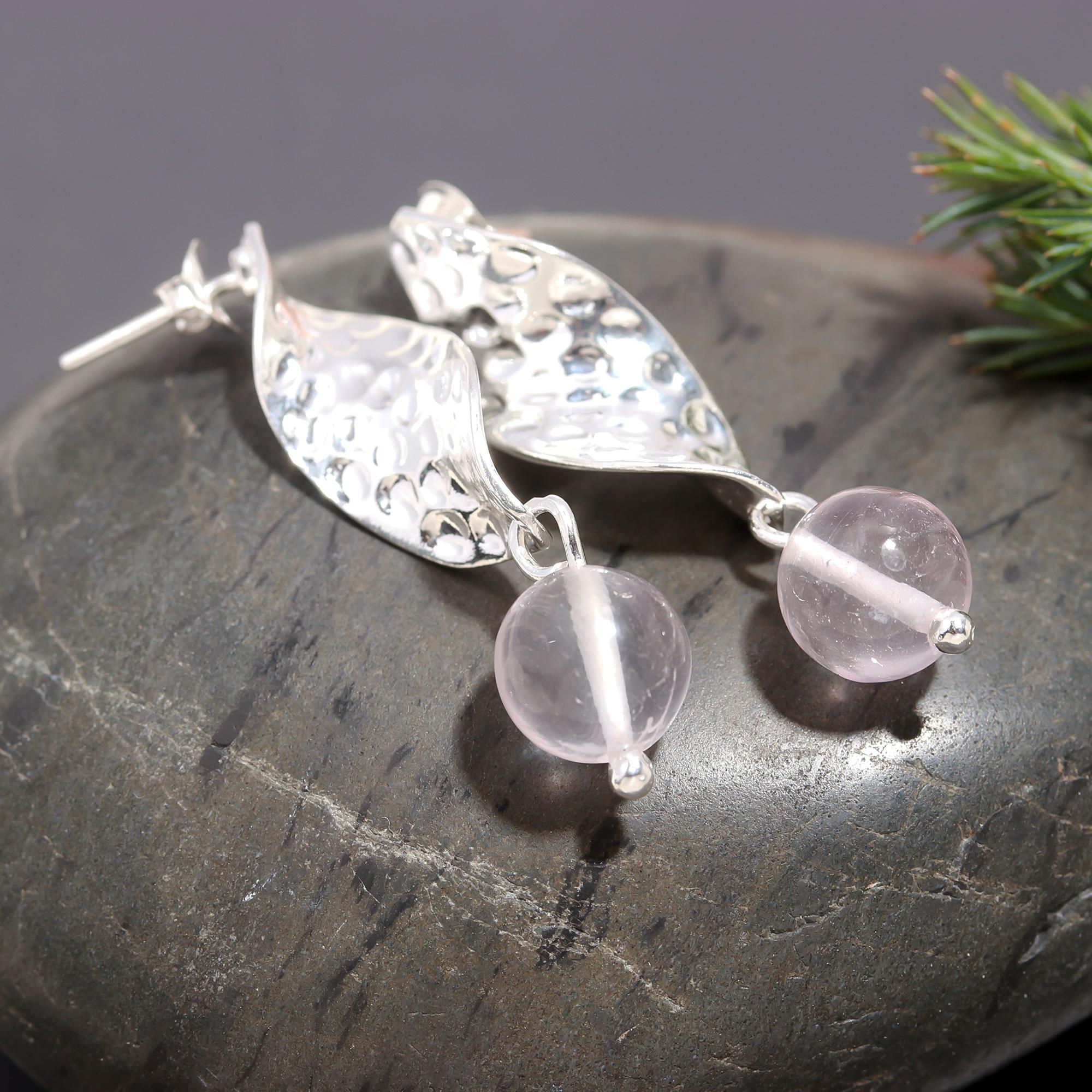 925 Silver Hammered Leaf Rose Quartz Drop Earrings
