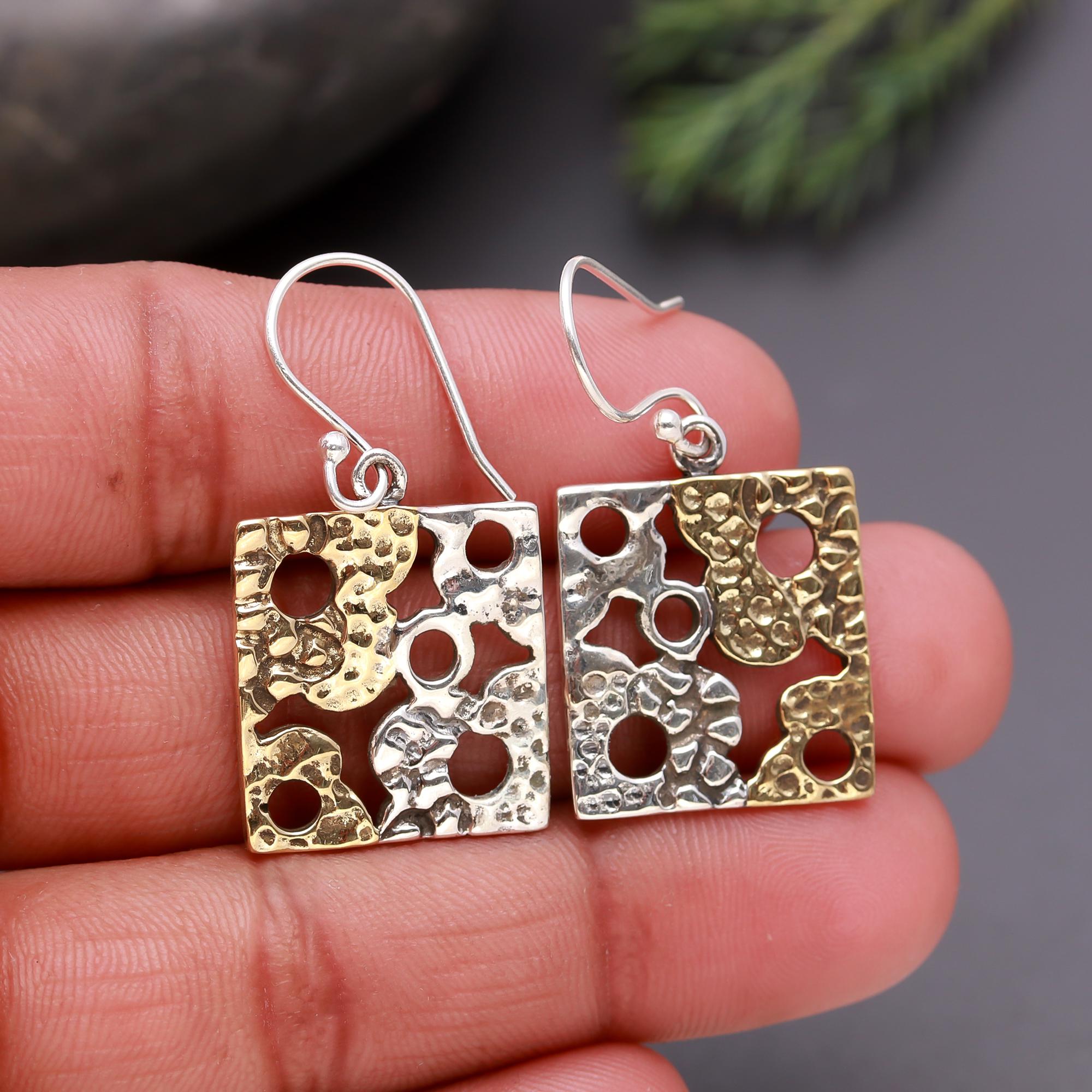 925 Silver Two-Tone Square Textured Dangle Earrings