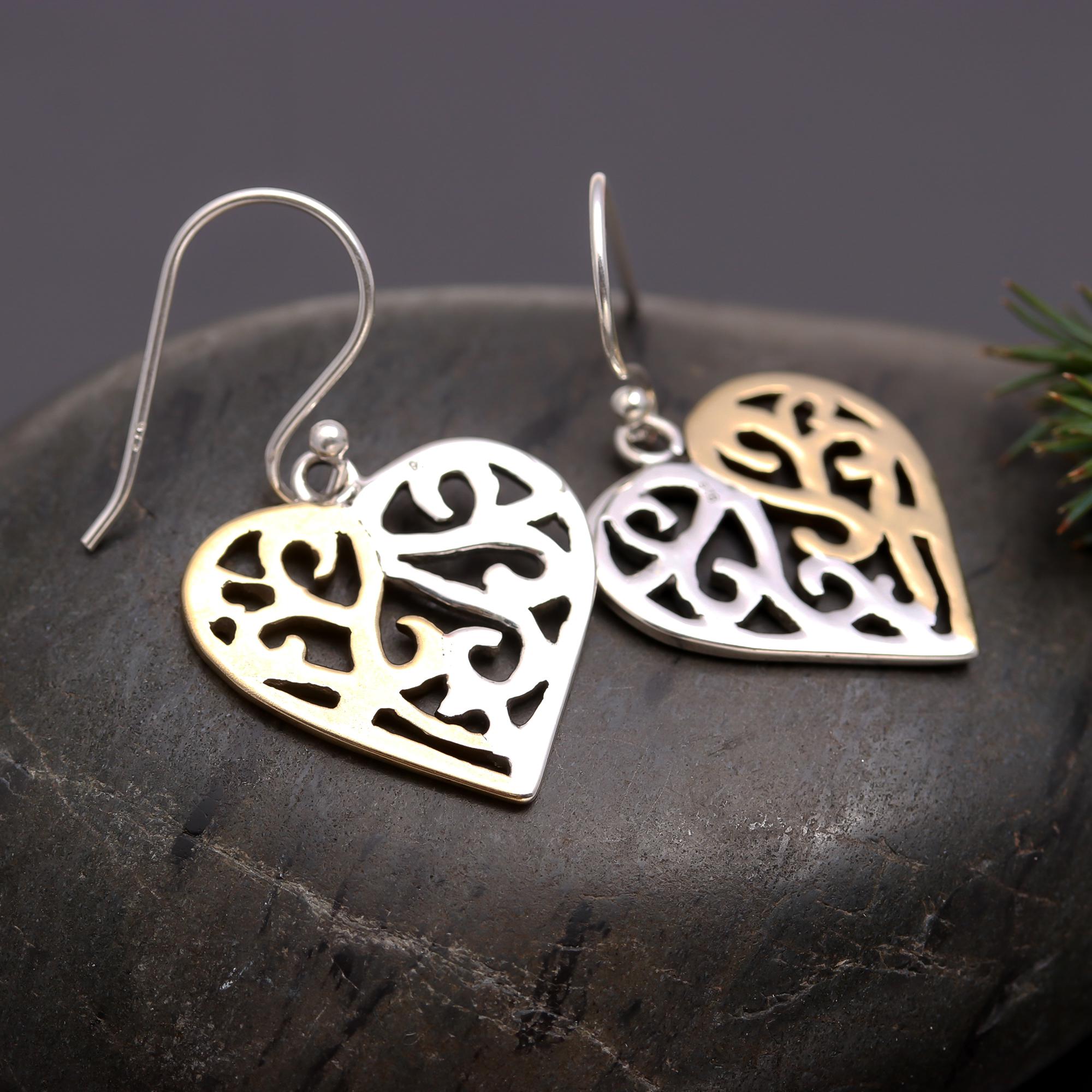 925 Silver Two-Tone Heart Filigree Dangle Earrings