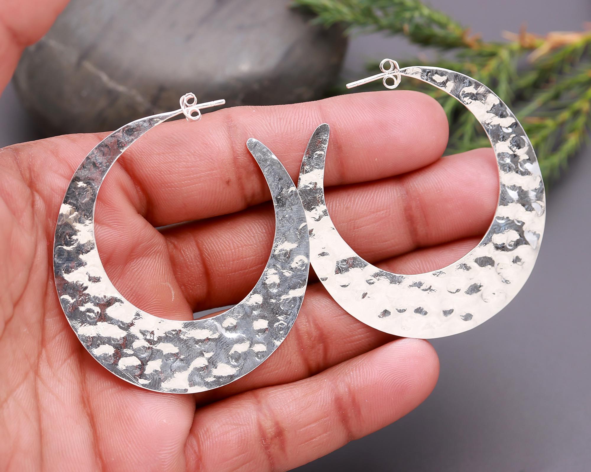 925 Silver Large Hammered Crescent Hoop Earrings