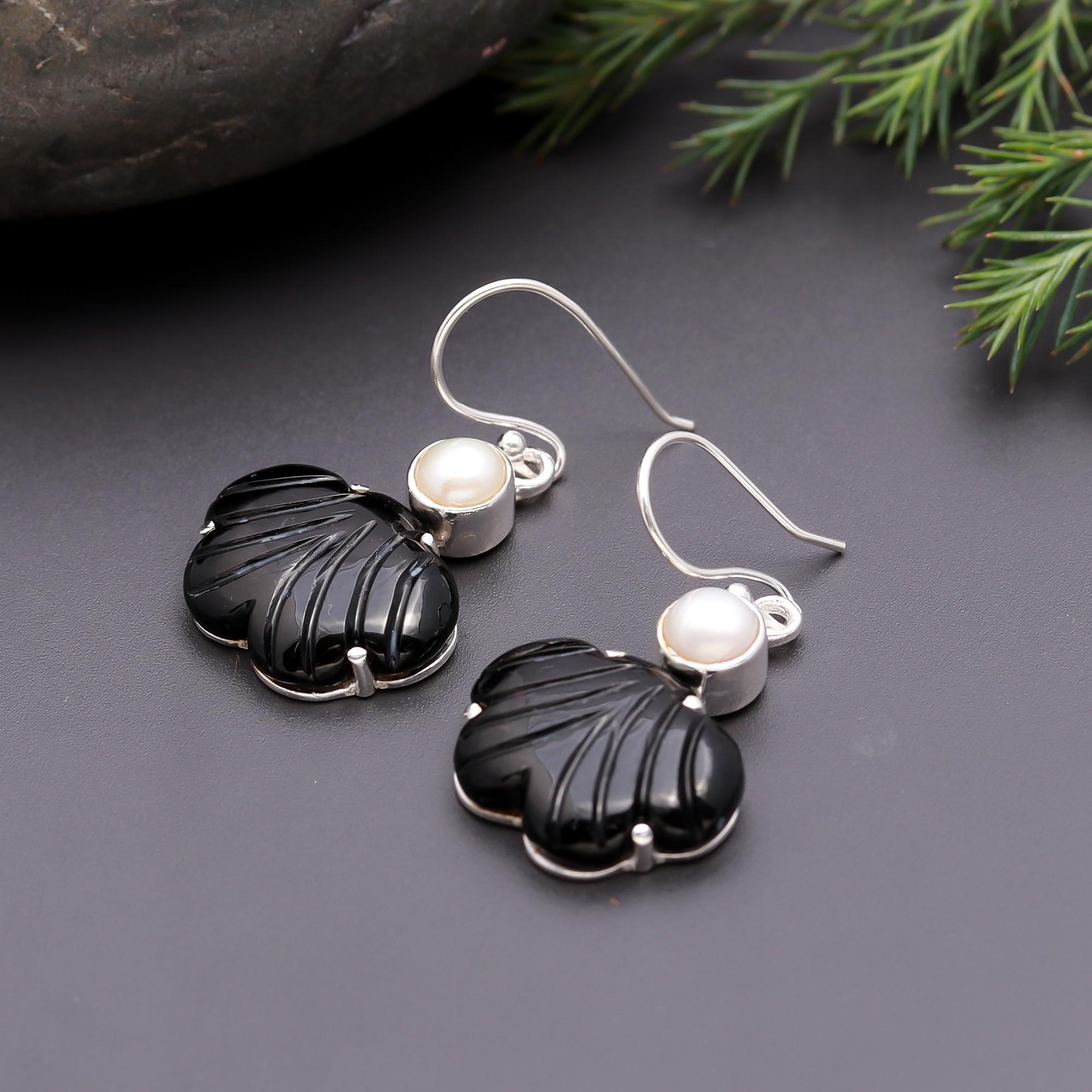 925 Silver Carved Black Onyx and Pearl Dangle Earrings