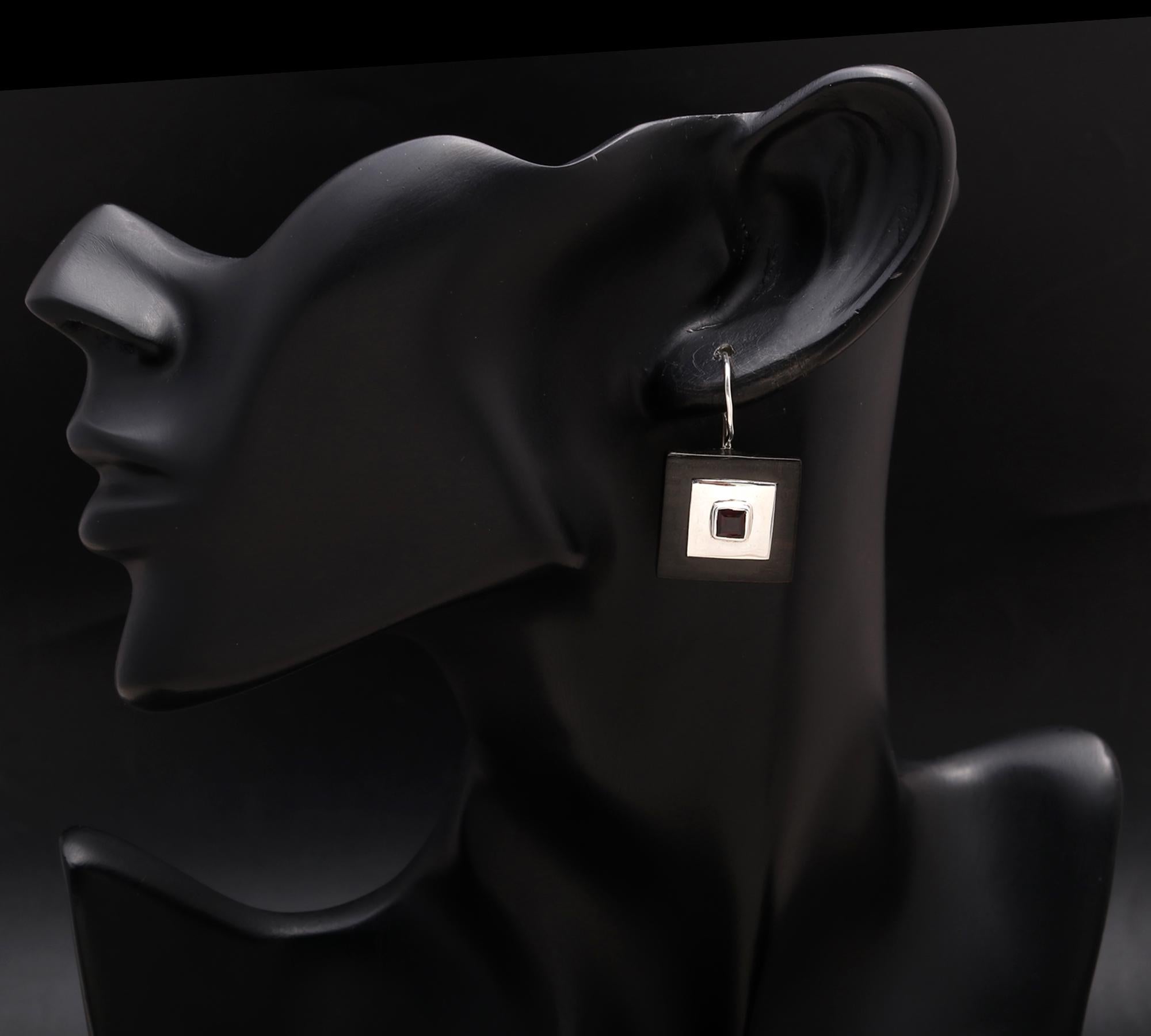 925 Silver Square Garnet & Wood Inlay Dangle Earrings