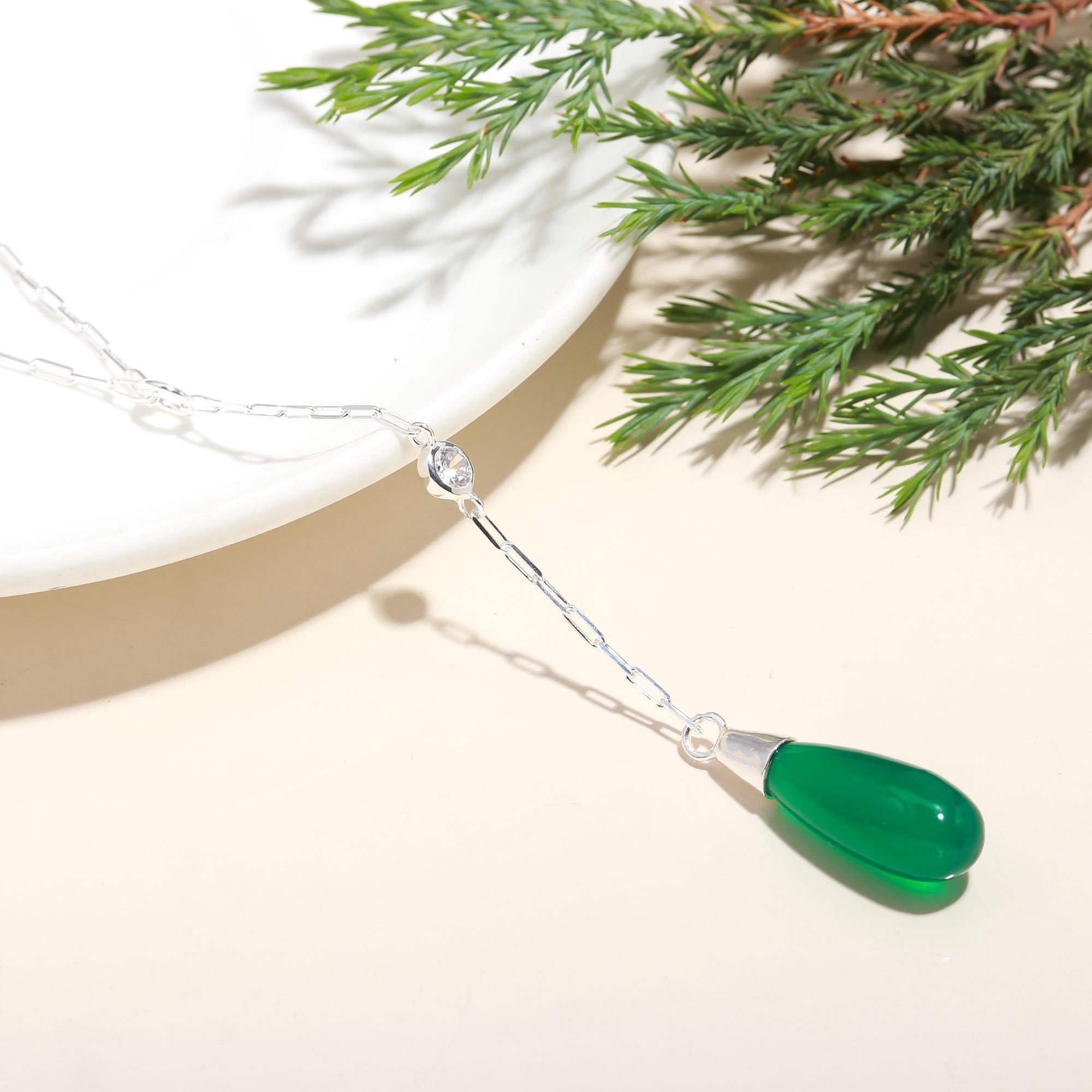 The Verdant Drop: Green Onyx & Silver Y-Necklace