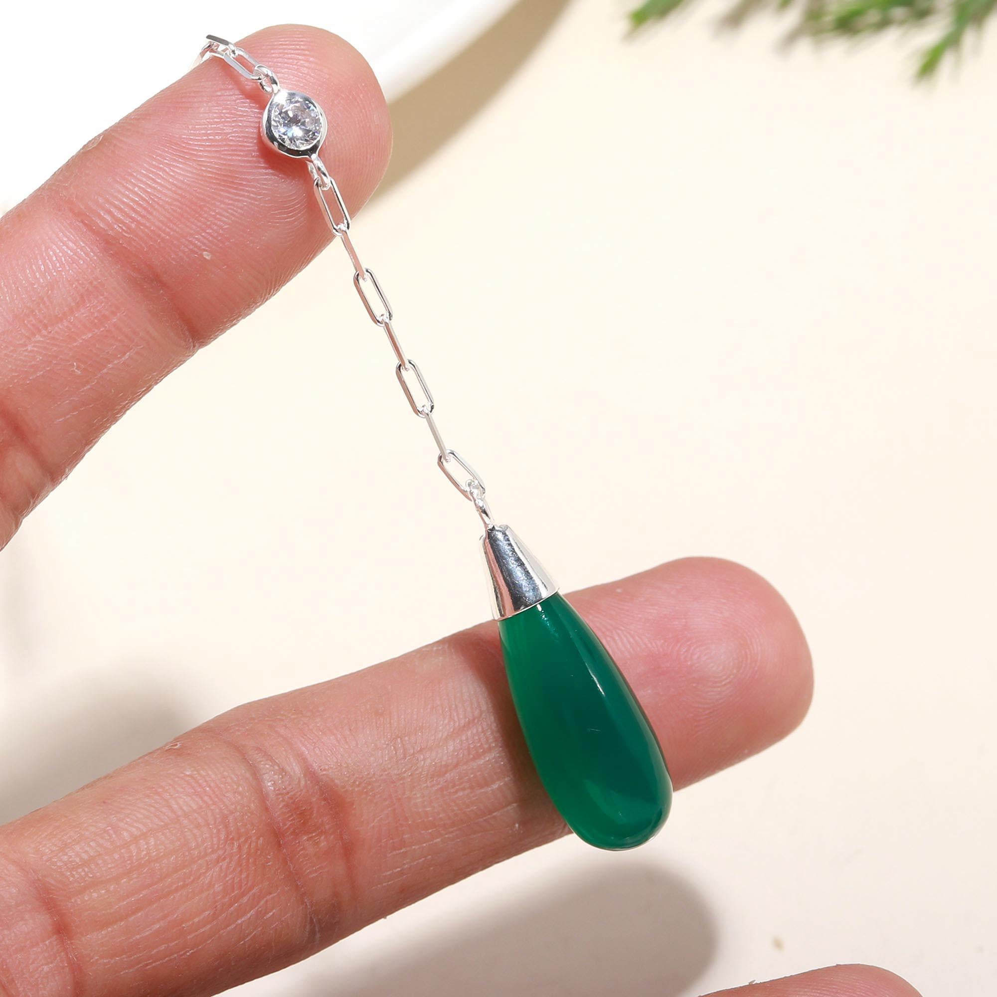 The Verdant Drop: Green Onyx & Silver Y-Necklace