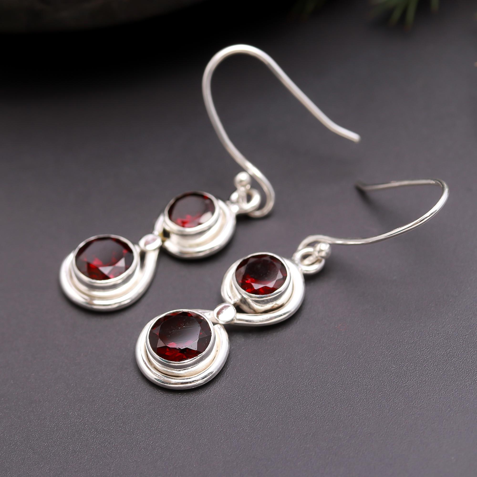 925 Silver Double Garnet Dangle Earrings