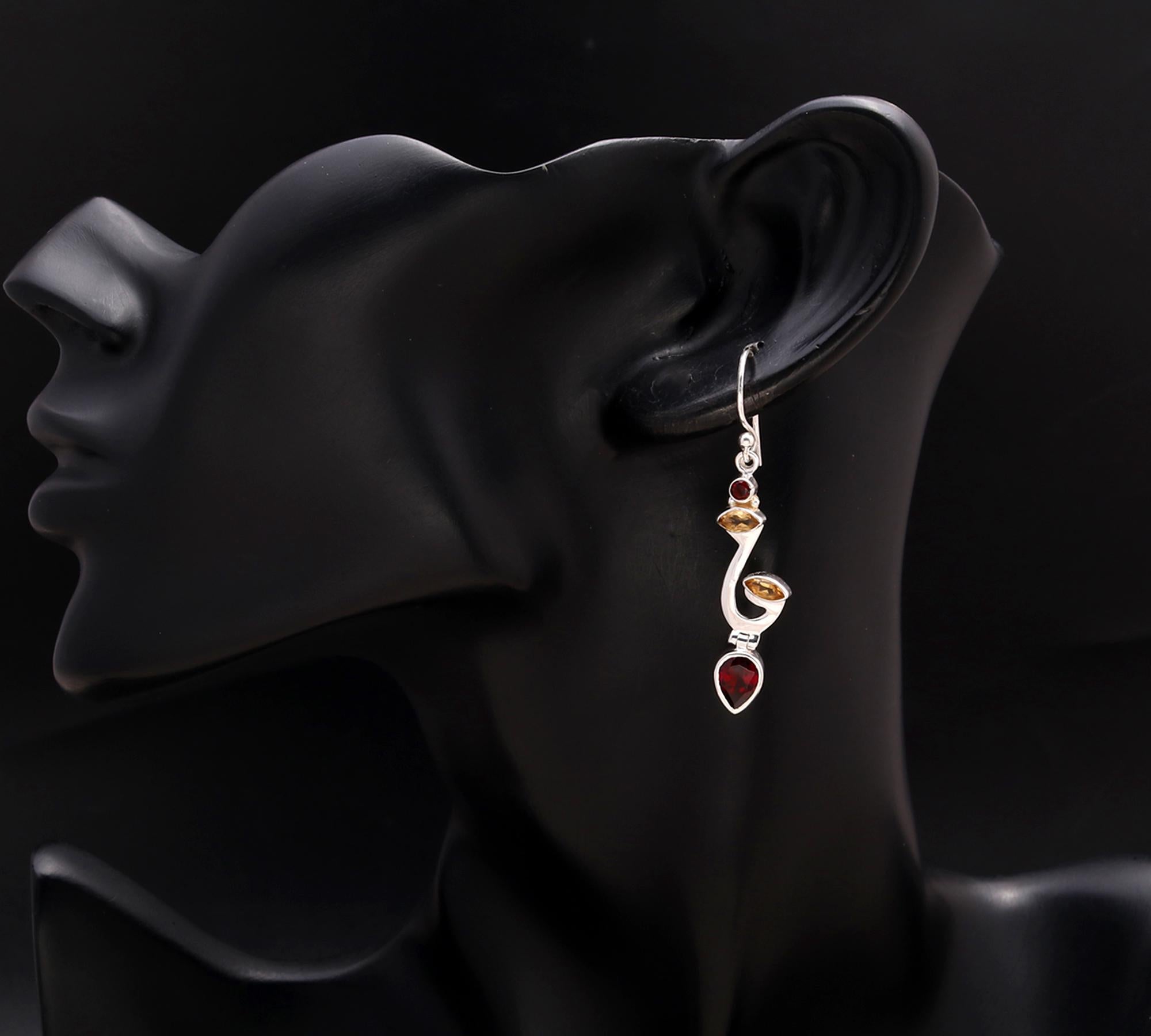 925 Silver Garnet and Citrine Drop Earrings
