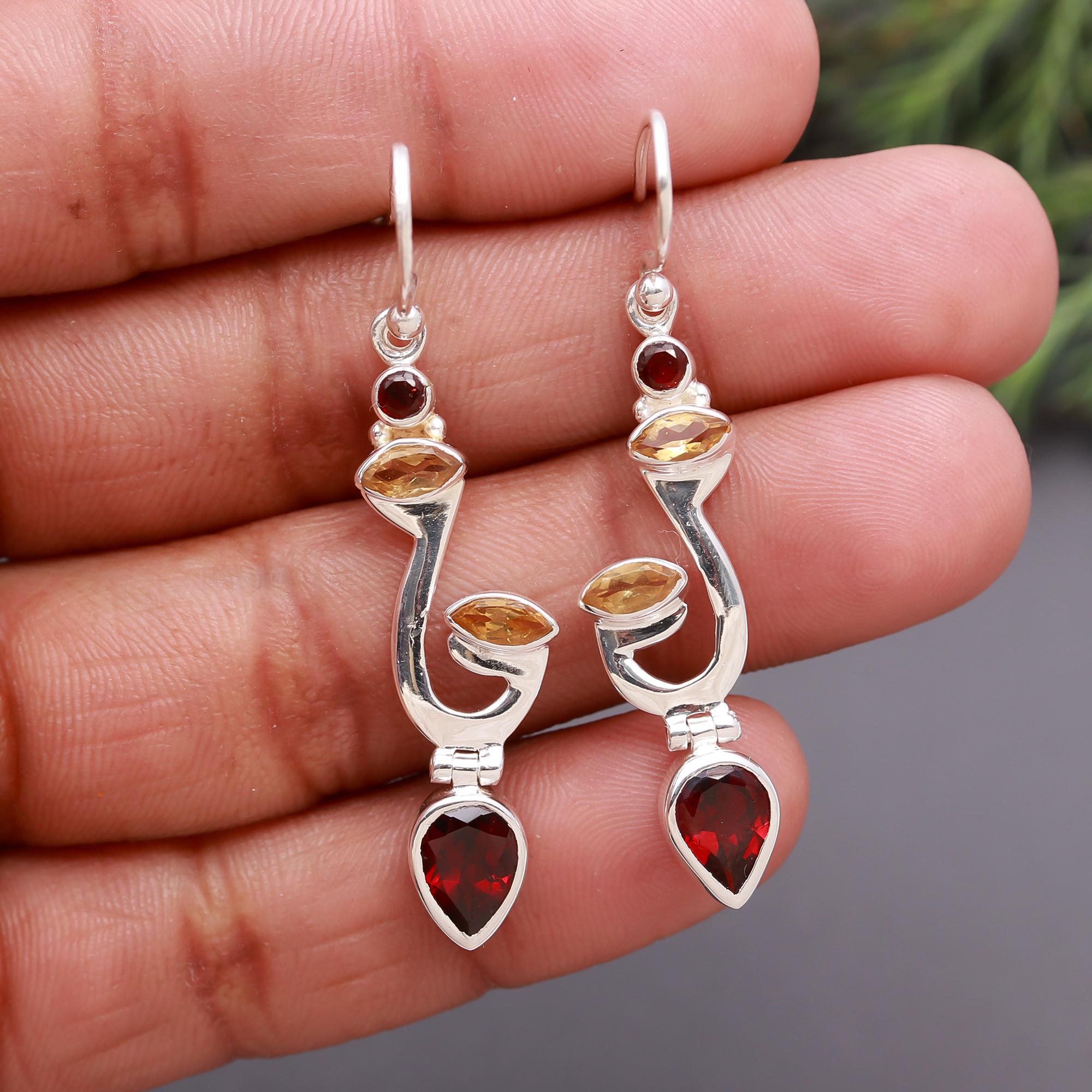 925 Silver Garnet and Citrine Drop Earrings