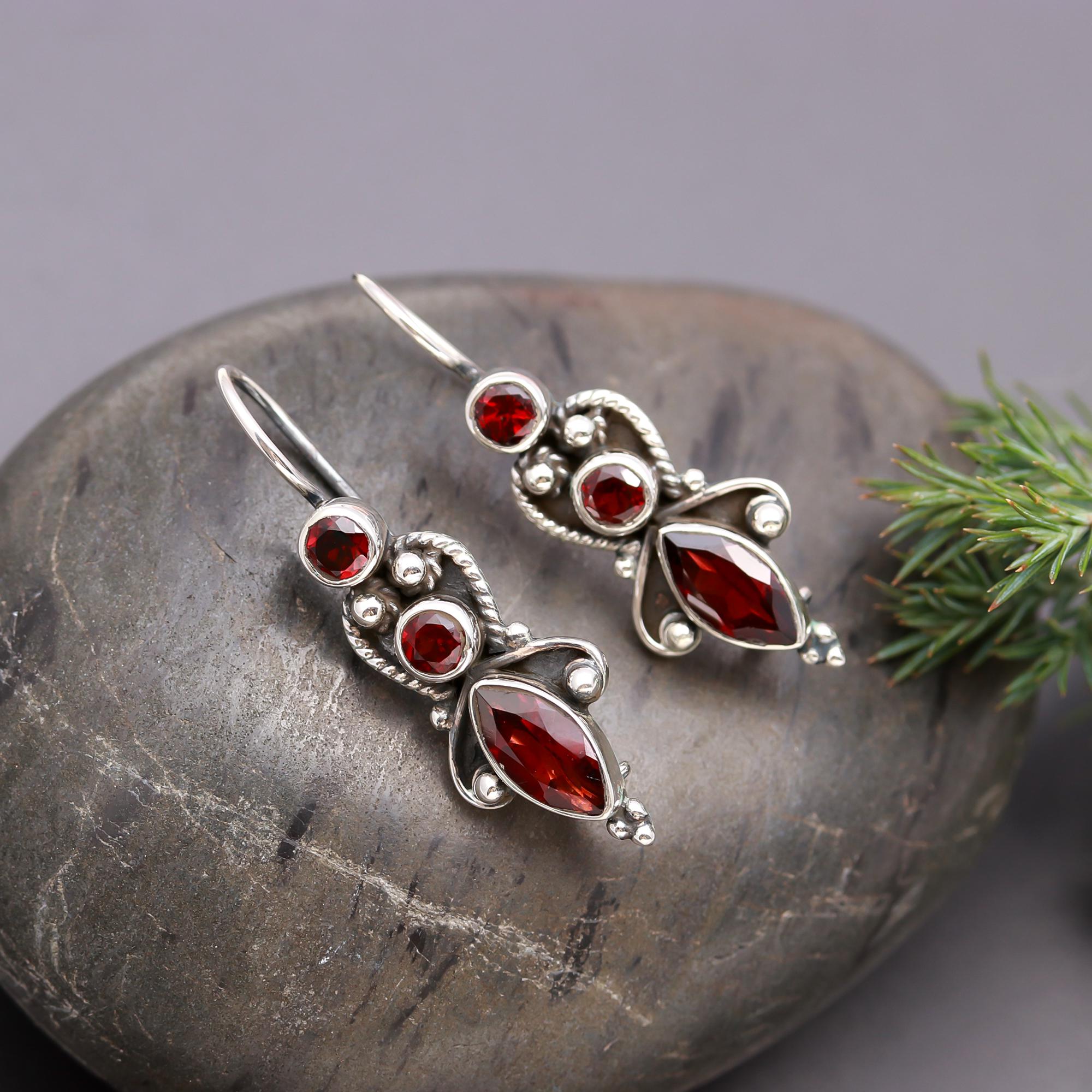 925 Silver Garnet Filigree Dangle Earrings