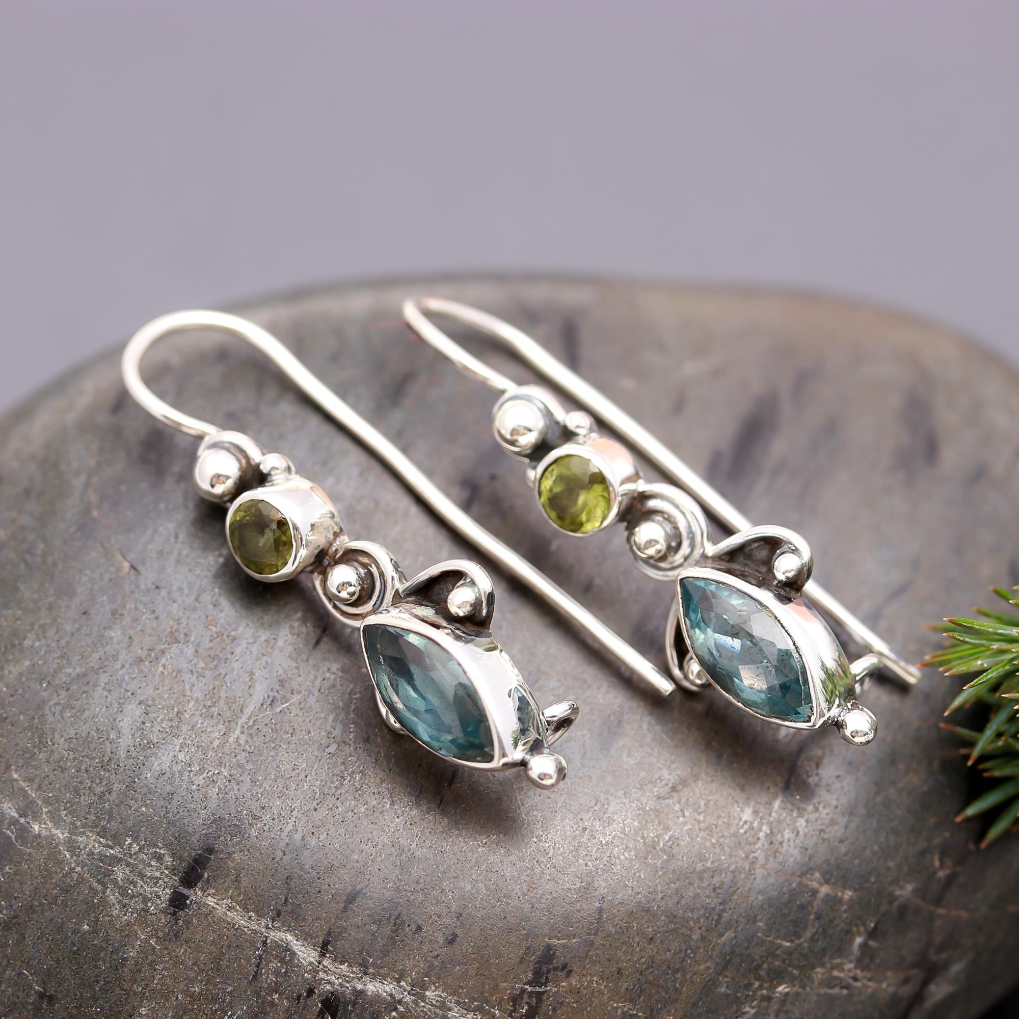 925 Silver Peridot and Blue Topaz Dangle Earrings