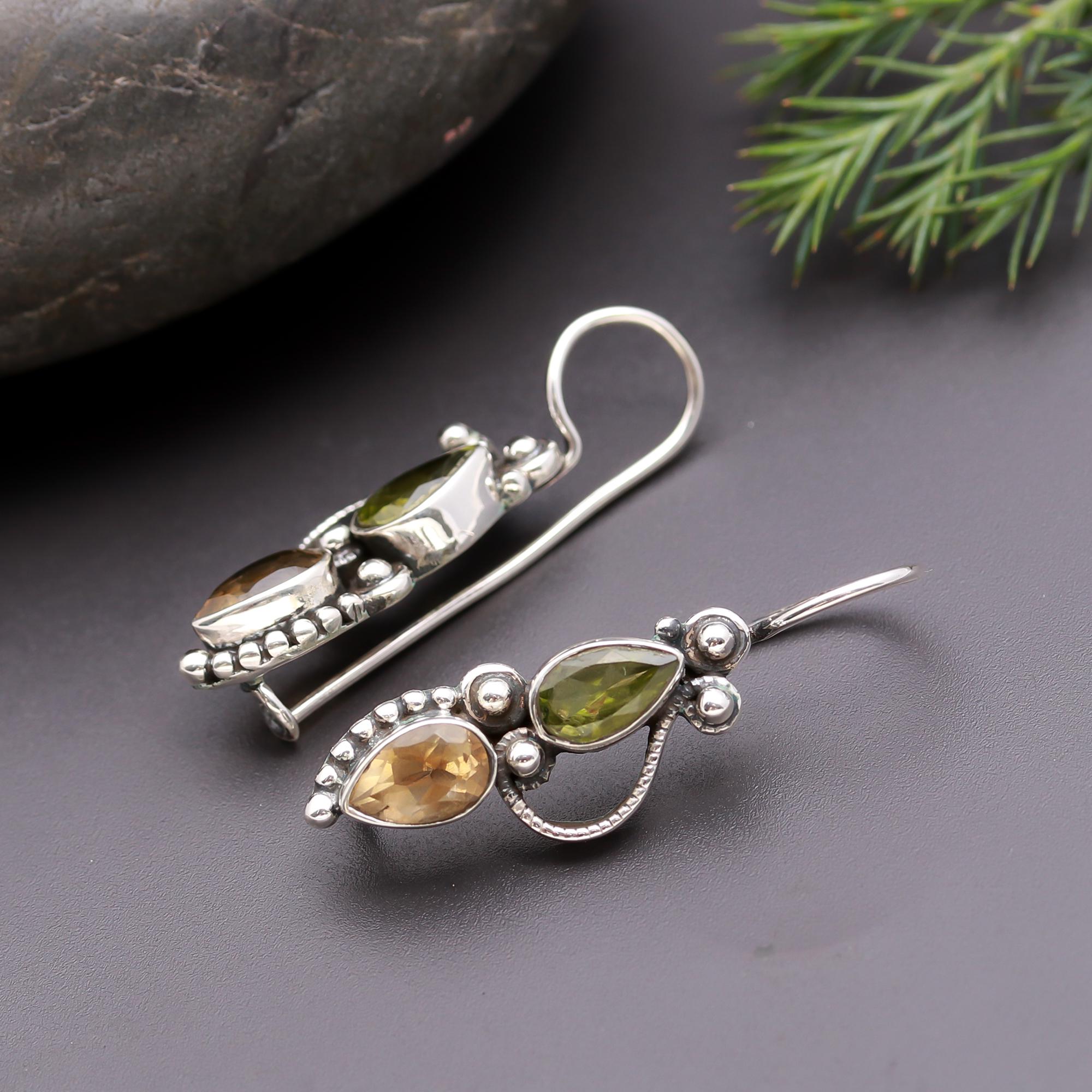 925 Silver Peridot and Citrine Teardrop Dangle Earrings
