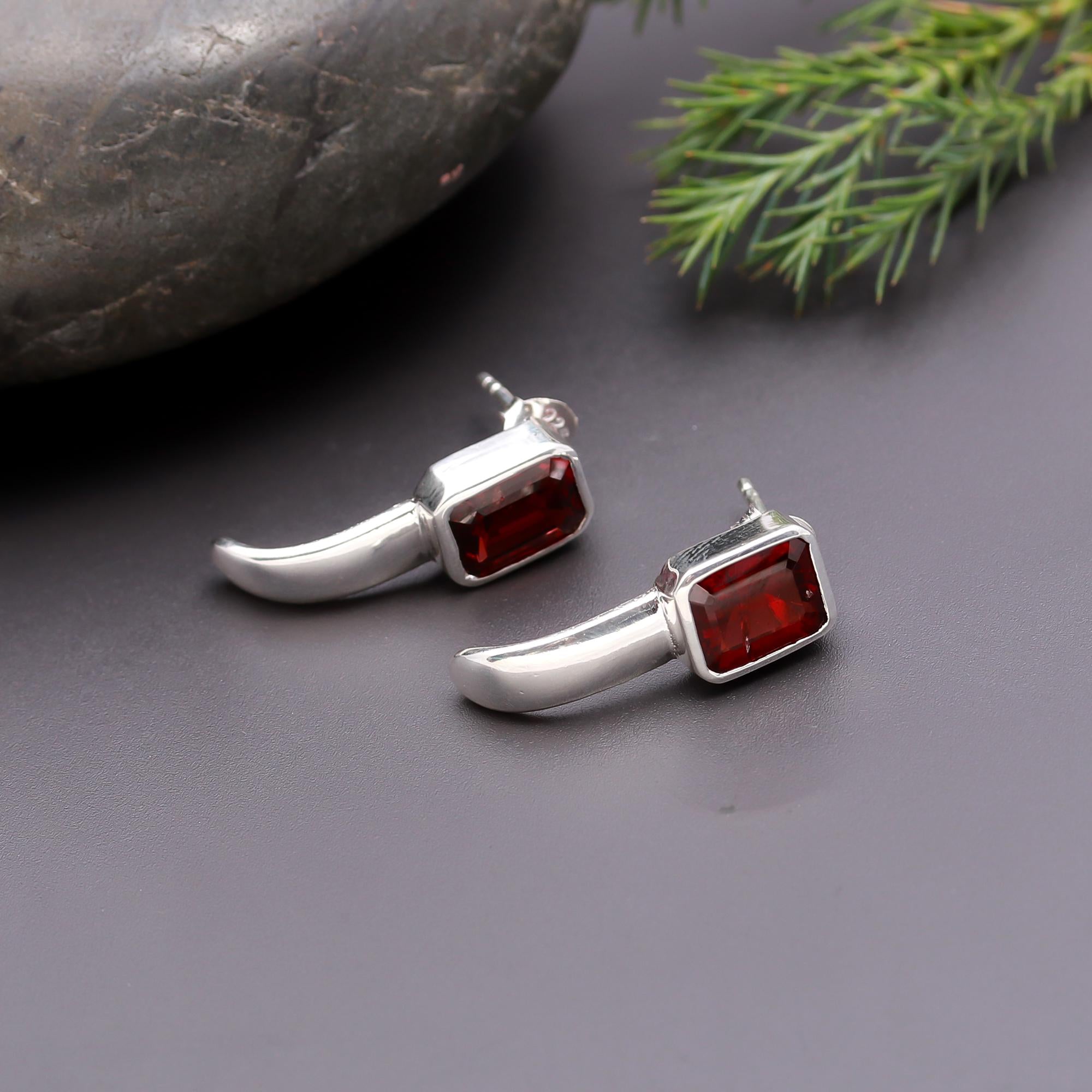 925 Silver Emerald-Cut Garnet Stud Earrings