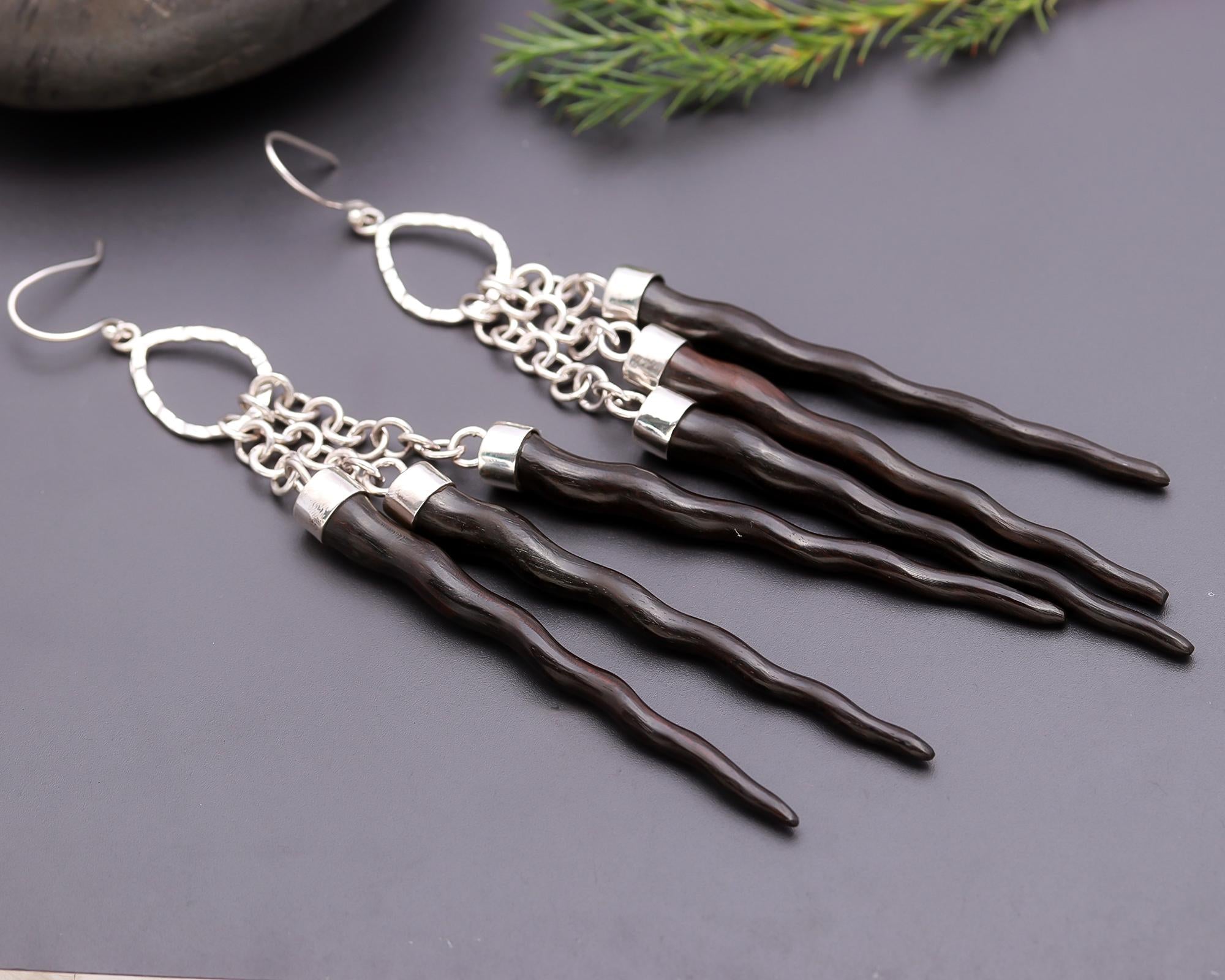 925 Silver Chains Long Black Wood Twists Dangle Earrings