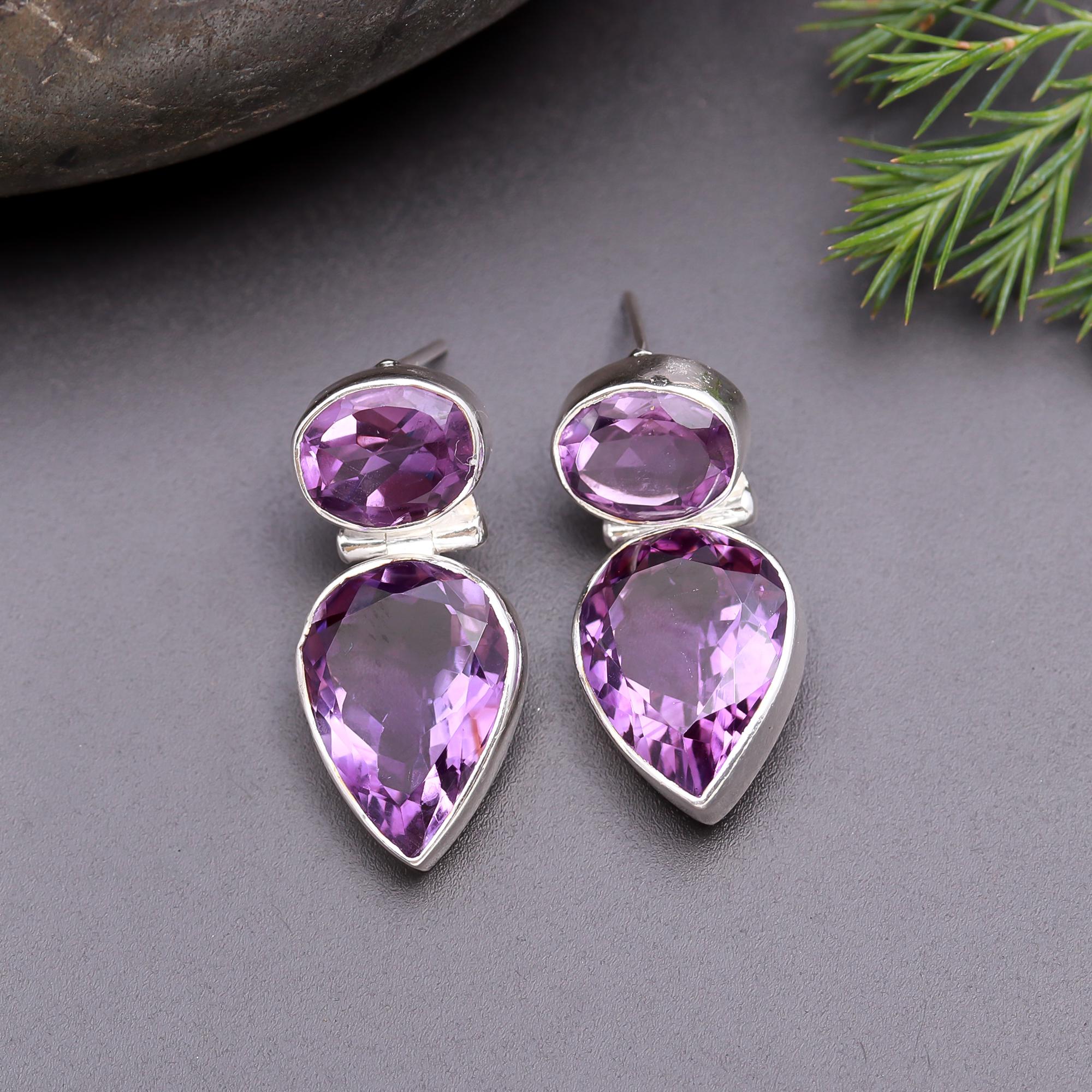 925 Silver Double Amethyst Drop Earrings