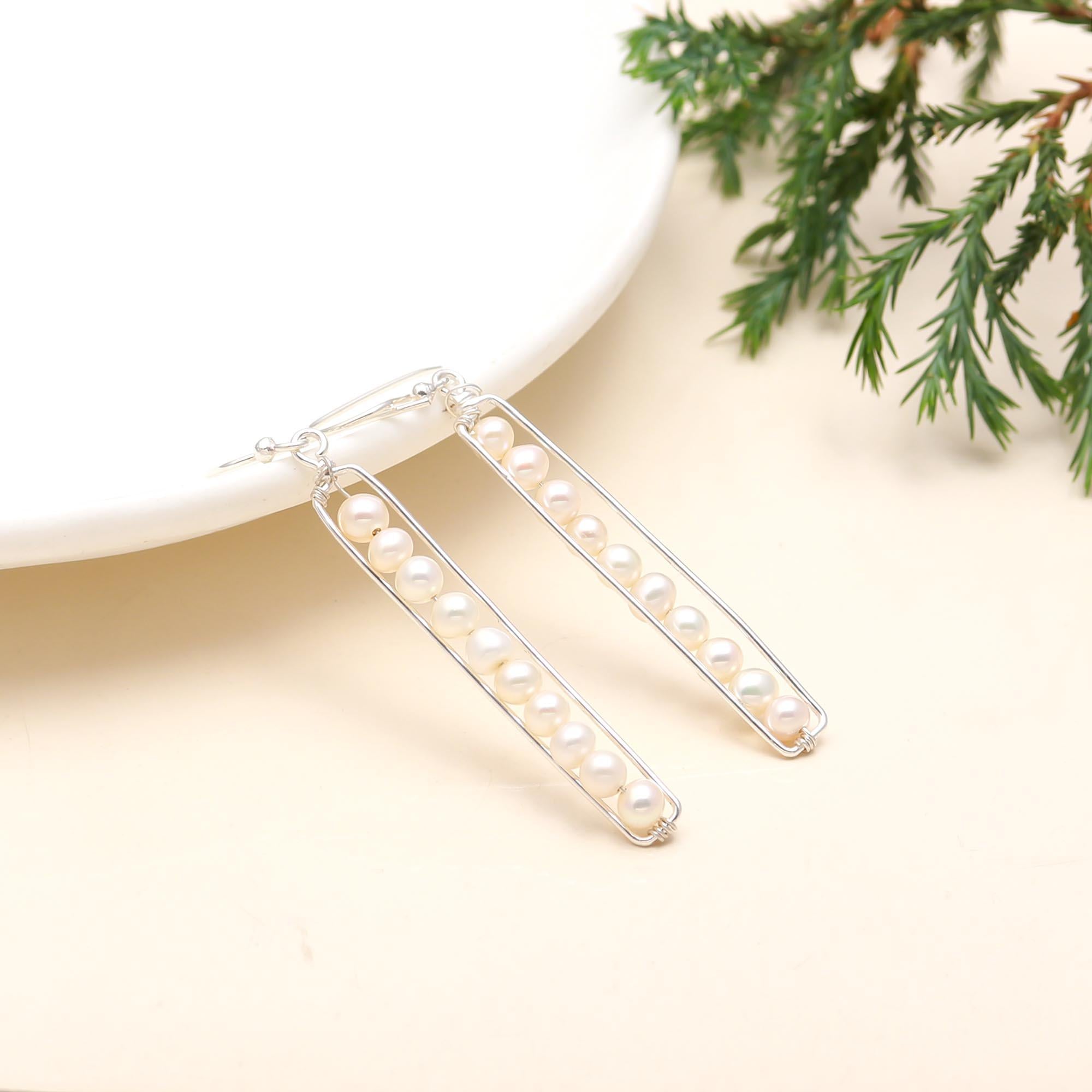 The Linear Luster: Sterling Silver & Pearl Bar Drop Earrings