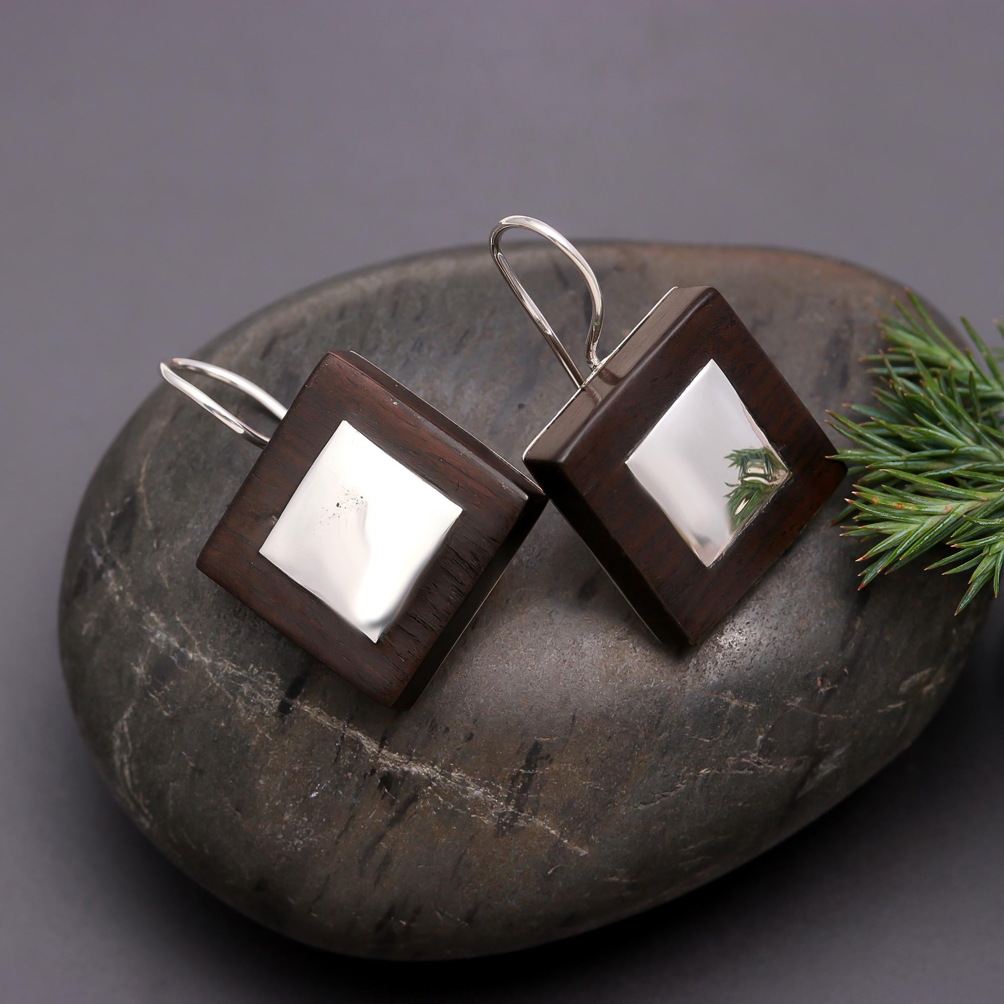 925 Silver Square Wood Dangle Earrings