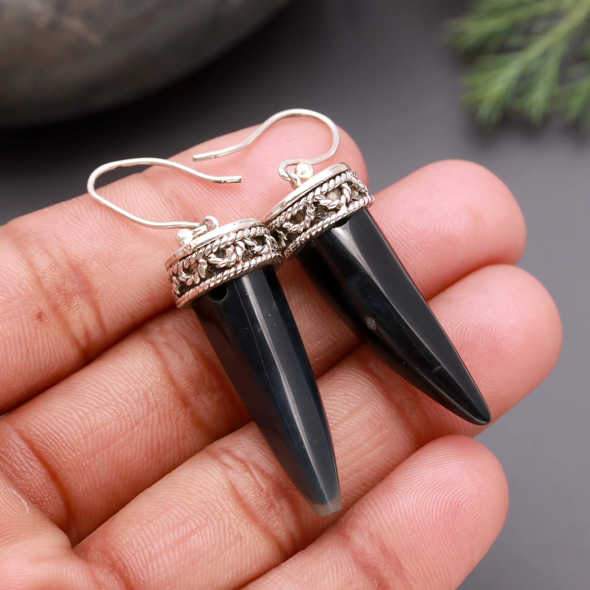 925 Silver Black Agate Spike Dangle Earrings