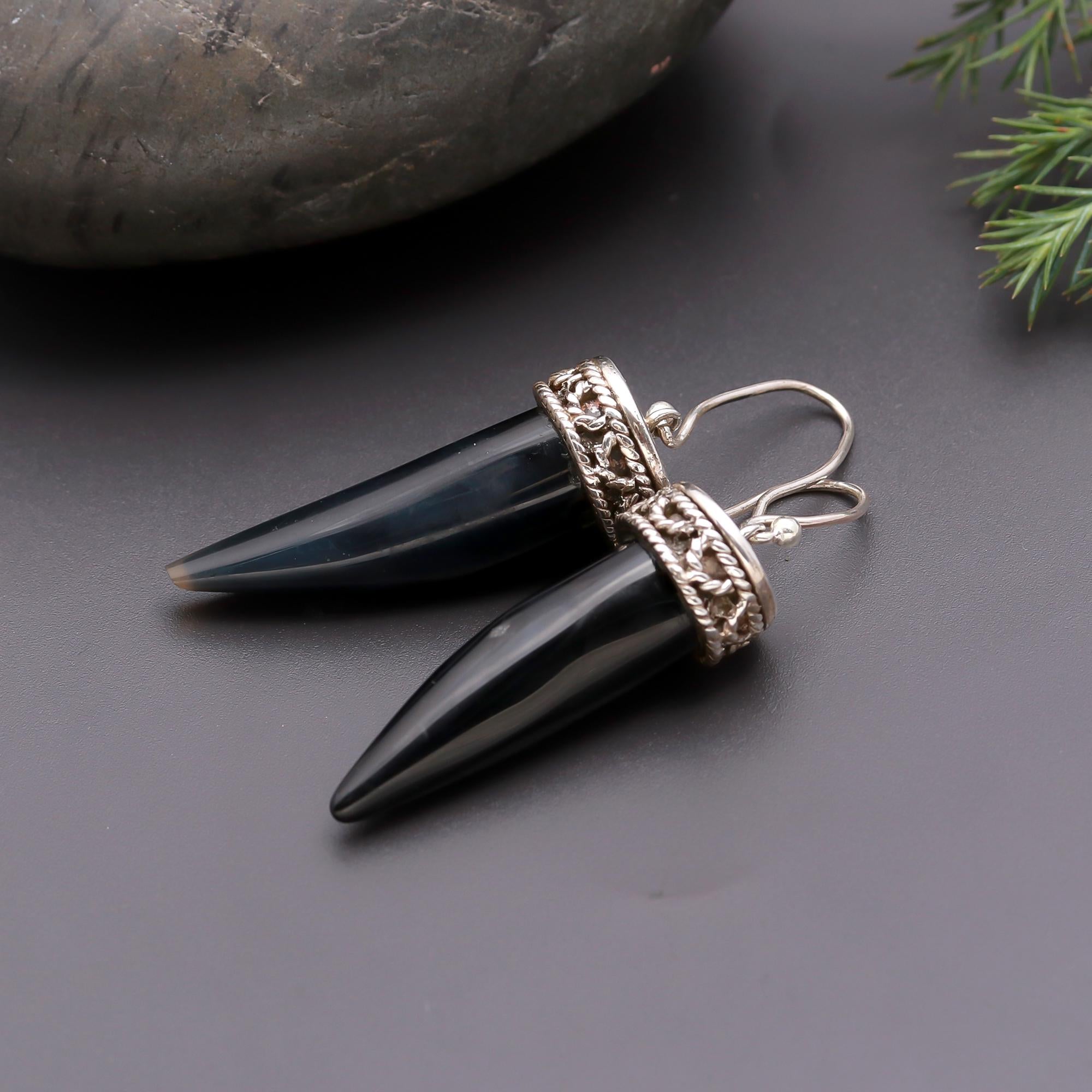 925 Silver Black Agate Spike Dangle Earrings