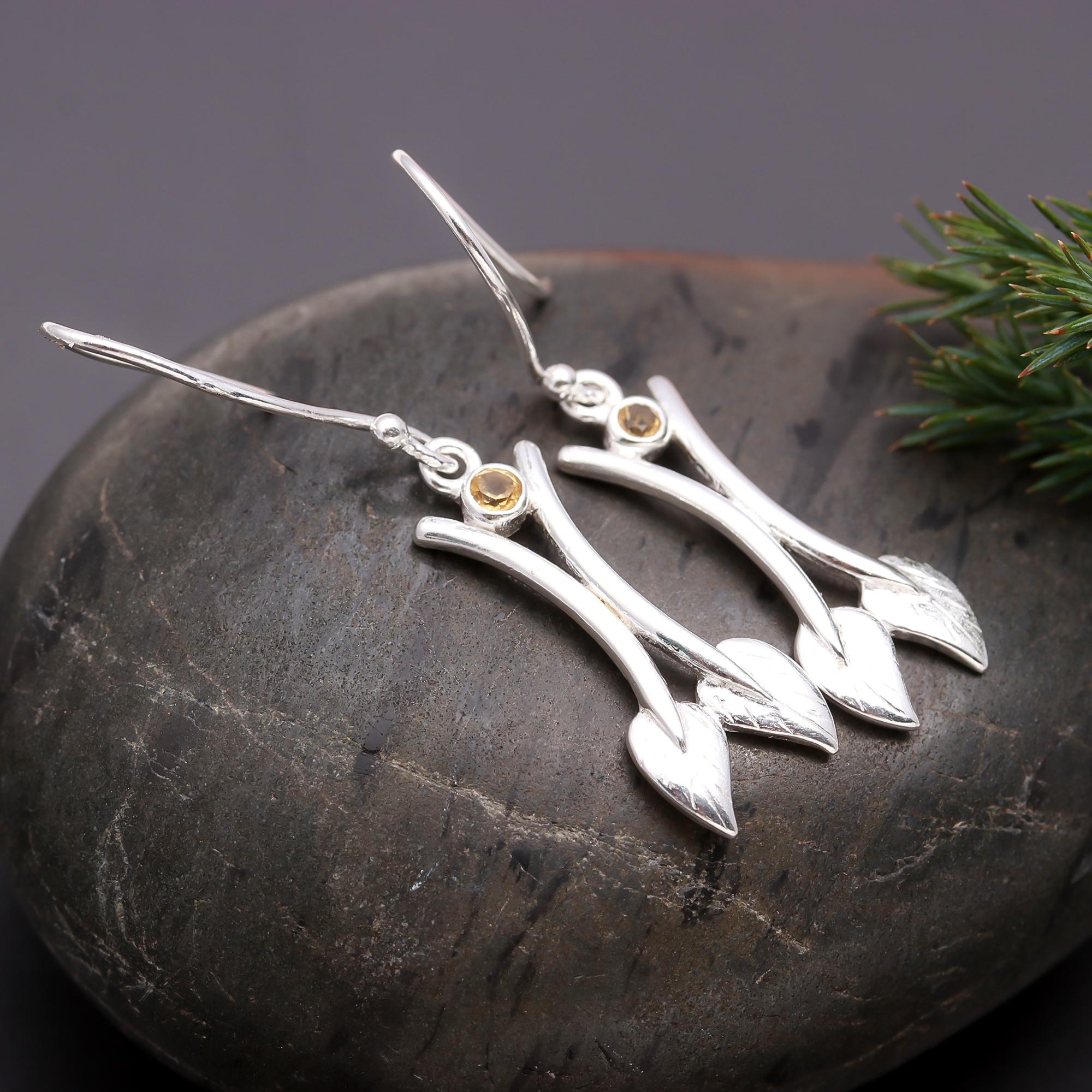925 Silver Leaf Branch Dangle Earrings