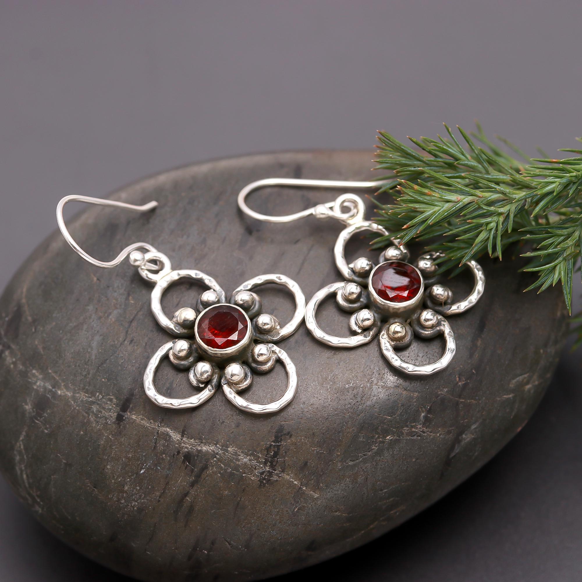 925 Silver Floral Garnet Dangle Earrings
