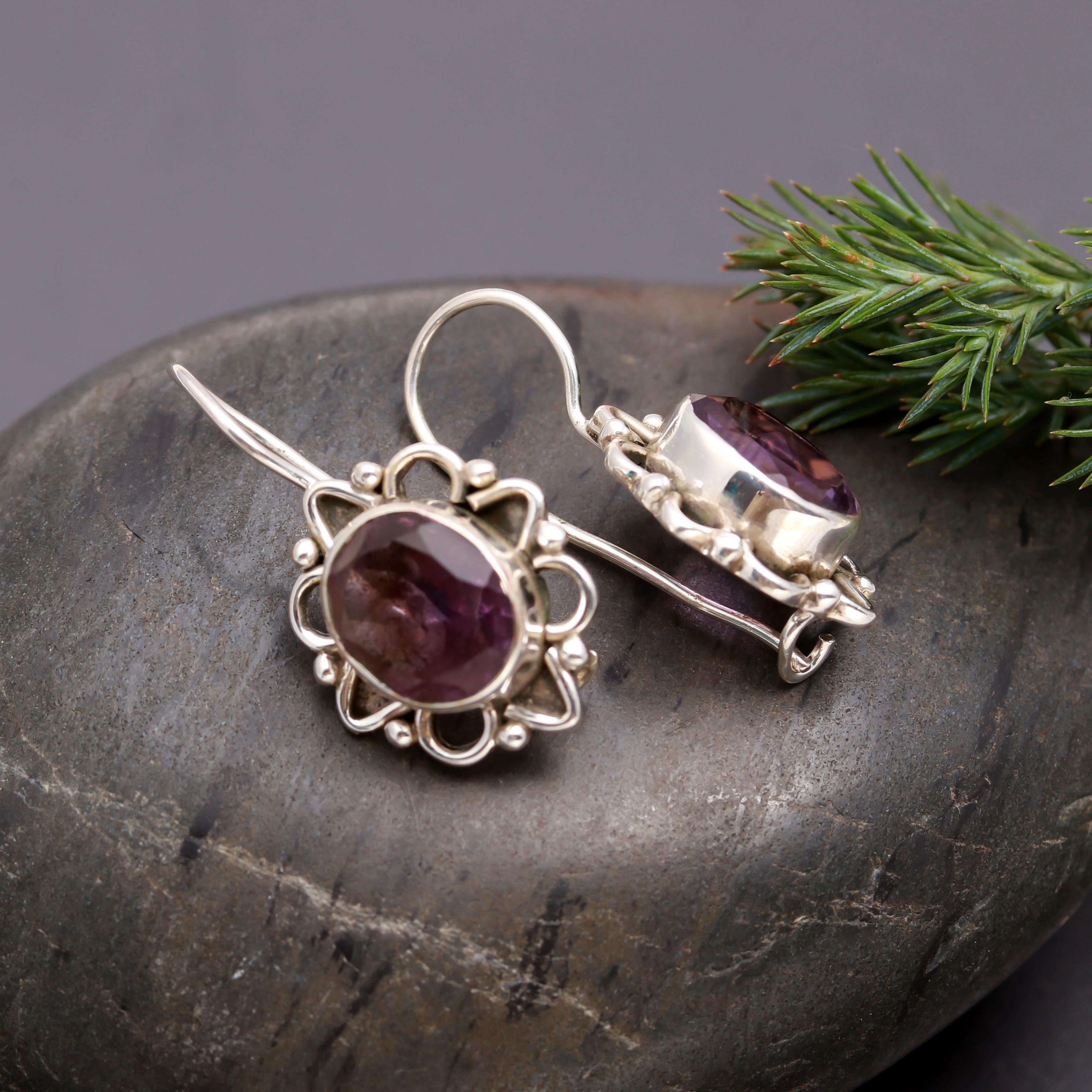 925 Silver Amethyst Filigree Dangle Earrings