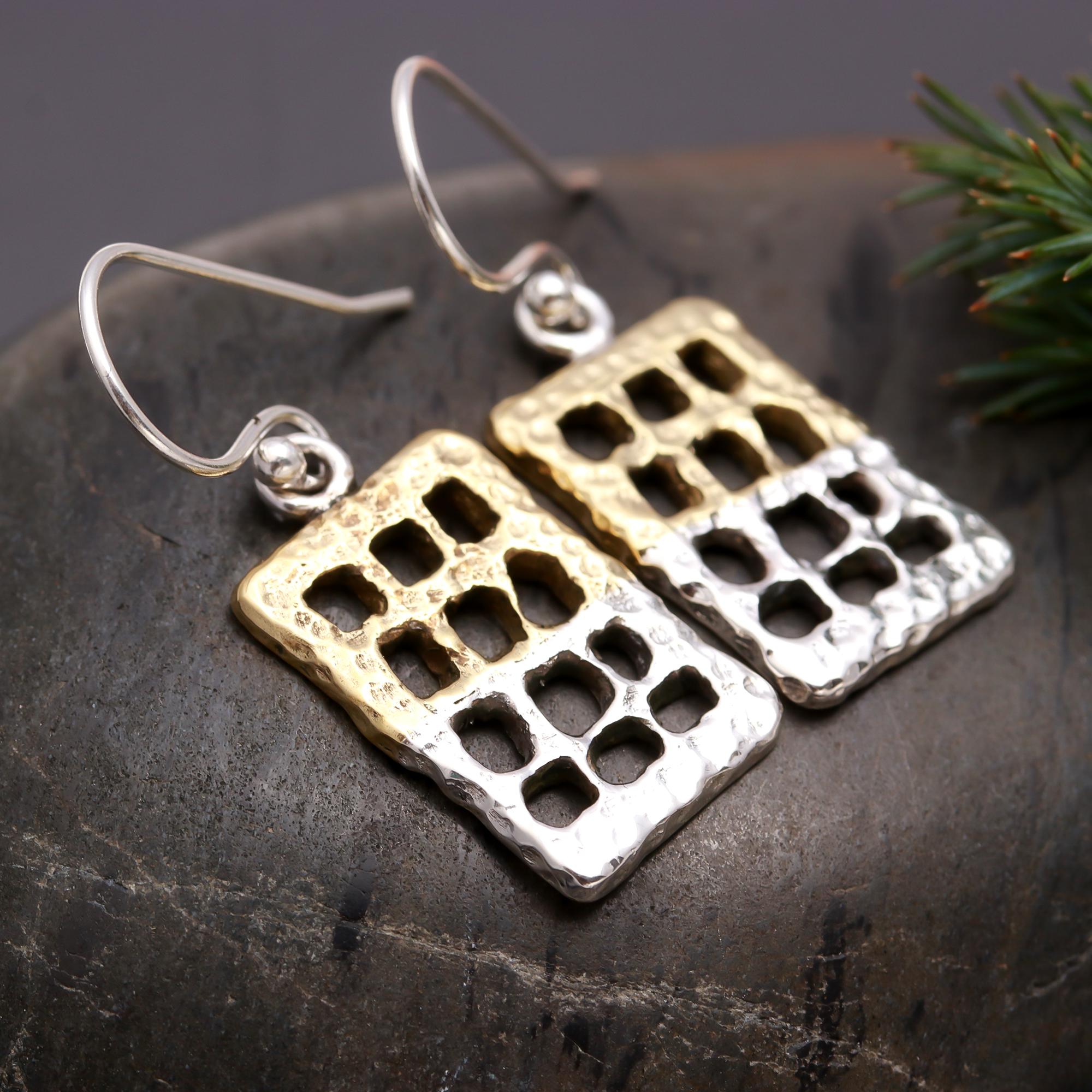925 Silver Textured Grid Dangle Earrings