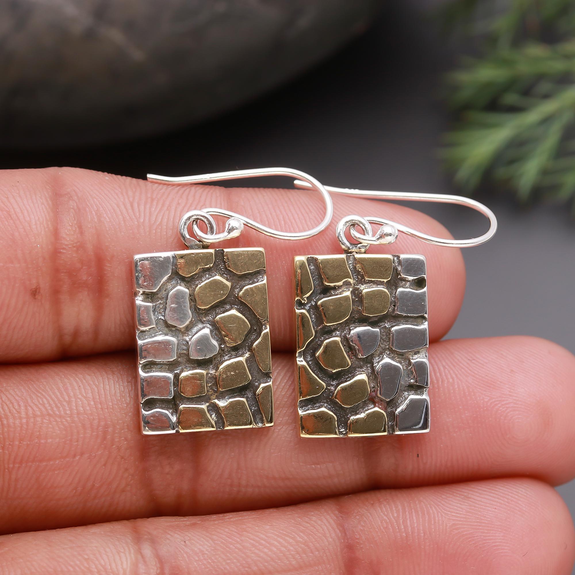 925 Silver Mosaic Pattern Rectangle Dangle Earrings