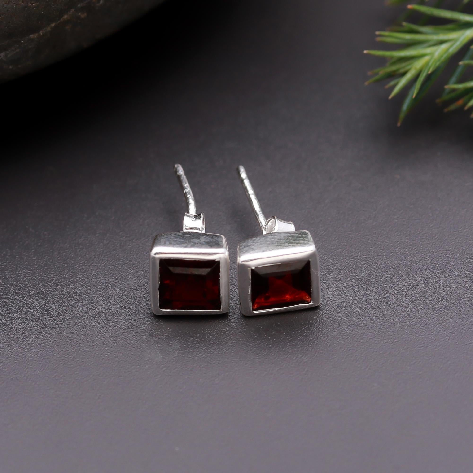 925 Silver Square Garnet Stud Earrings