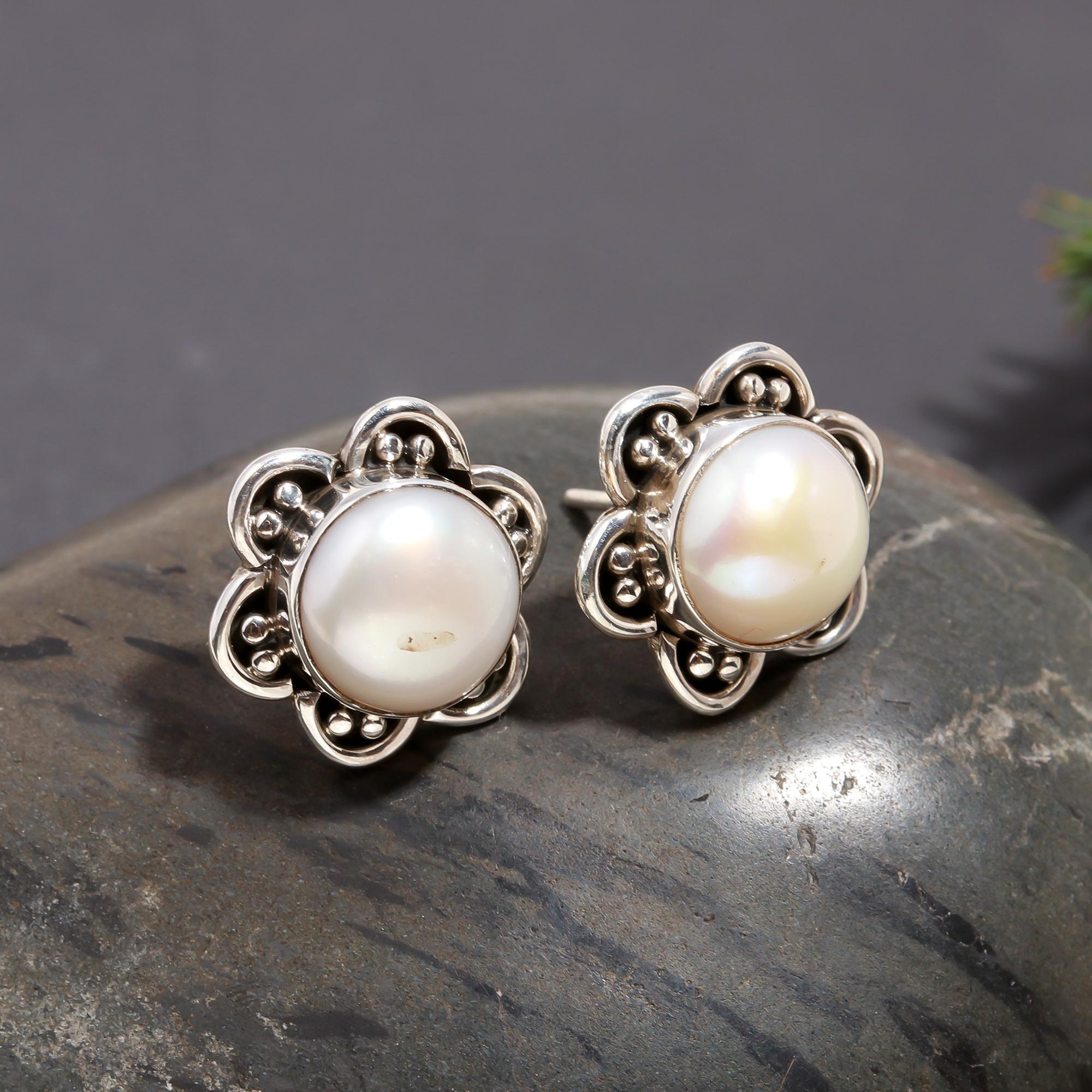 925 Silver Round White Pearl Floral Stud Earrings