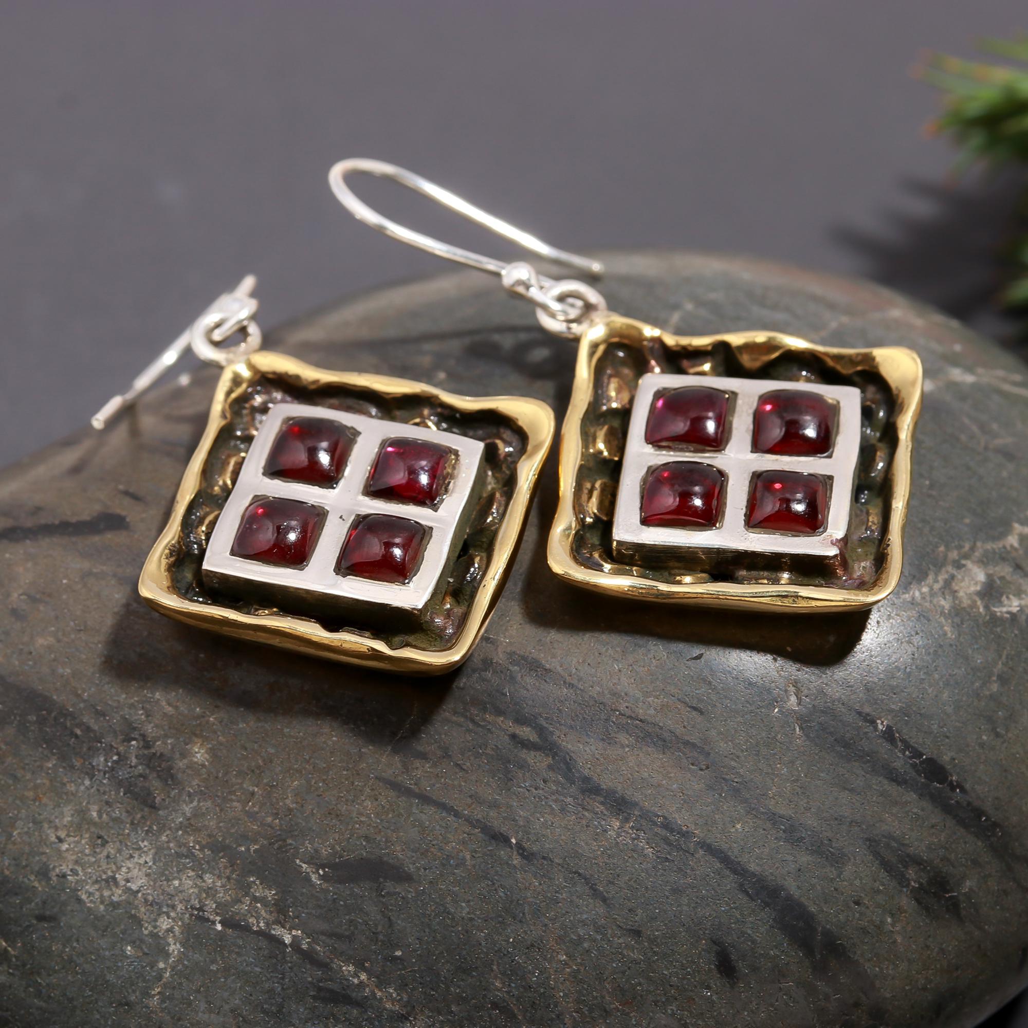 925 Silver Garnet Grid Dangle Earrings