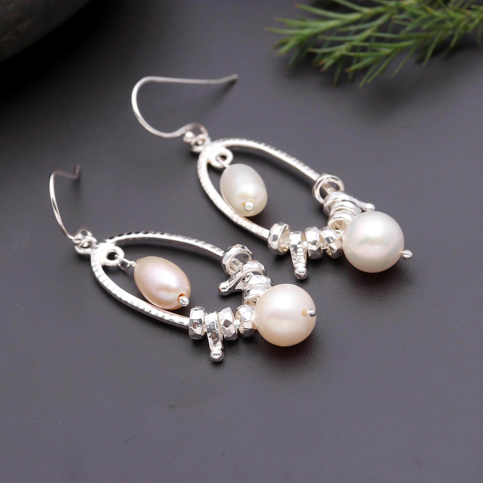 925 Silver Hammered Oval Pearl Dangle Earrings