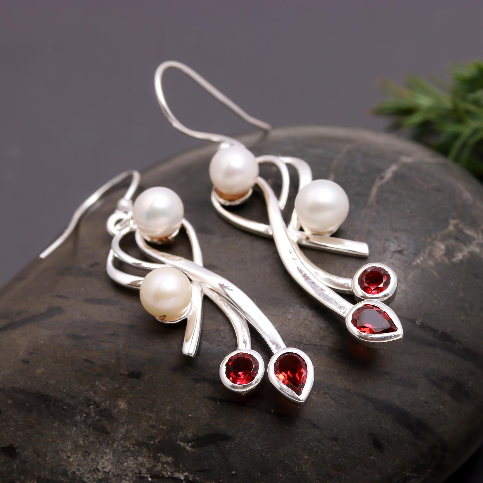925 Silver Pearl and Garnet Dangle Earrings