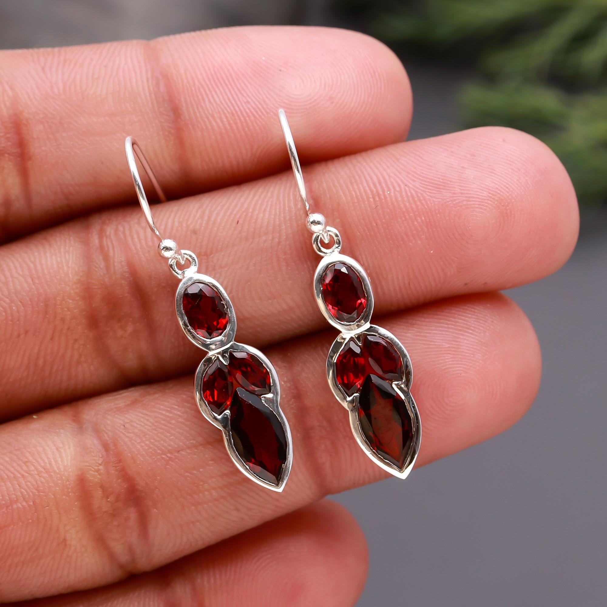 925 Silver Multi-Cut Garnet Drop Earrings