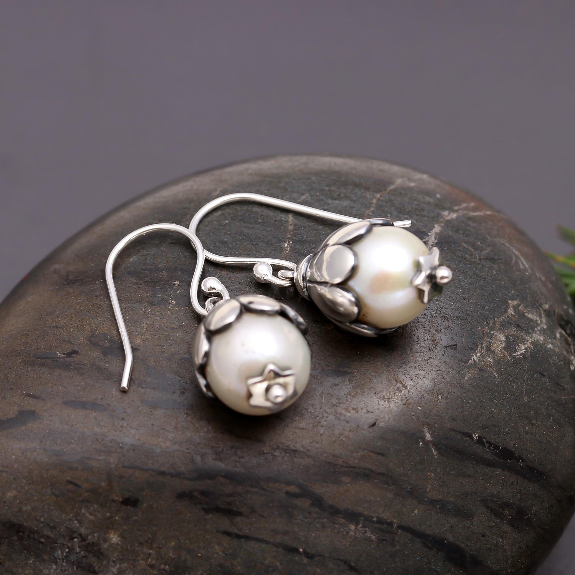 925 Silver Floral Pearl Drop Earrings