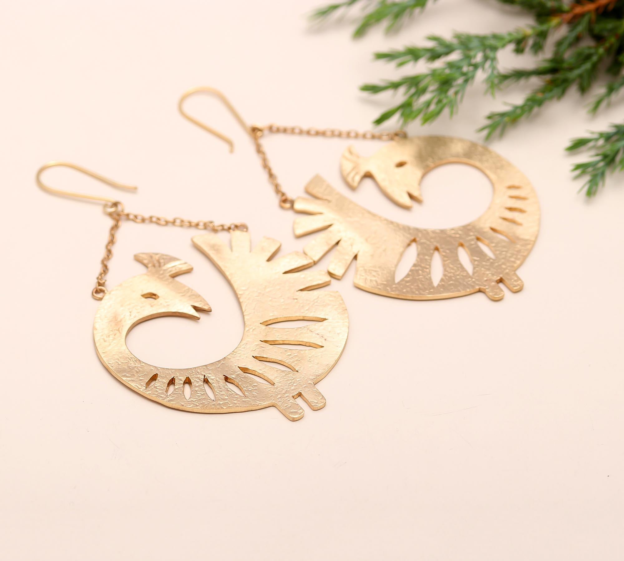 The Golden Peacock: Cutout Bird Drop Earrings