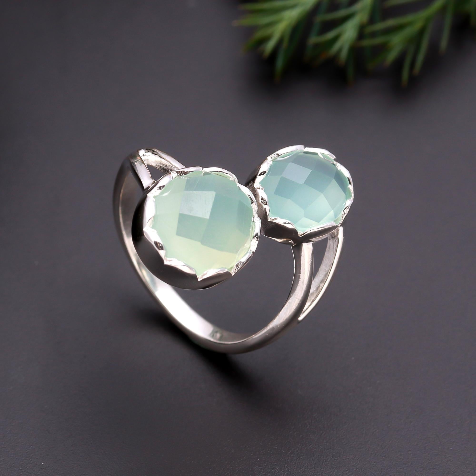 The Dual Harmony: Aqua Chalcedony & Silver Bypass Ring