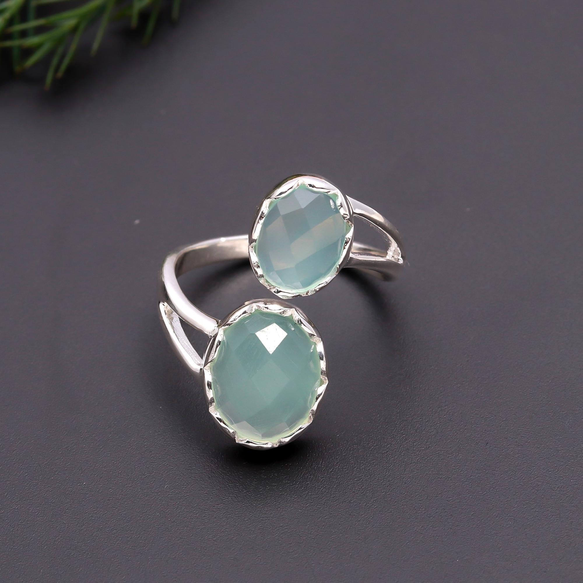 The Dual Harmony: Aqua Chalcedony & Silver Bypass Ring