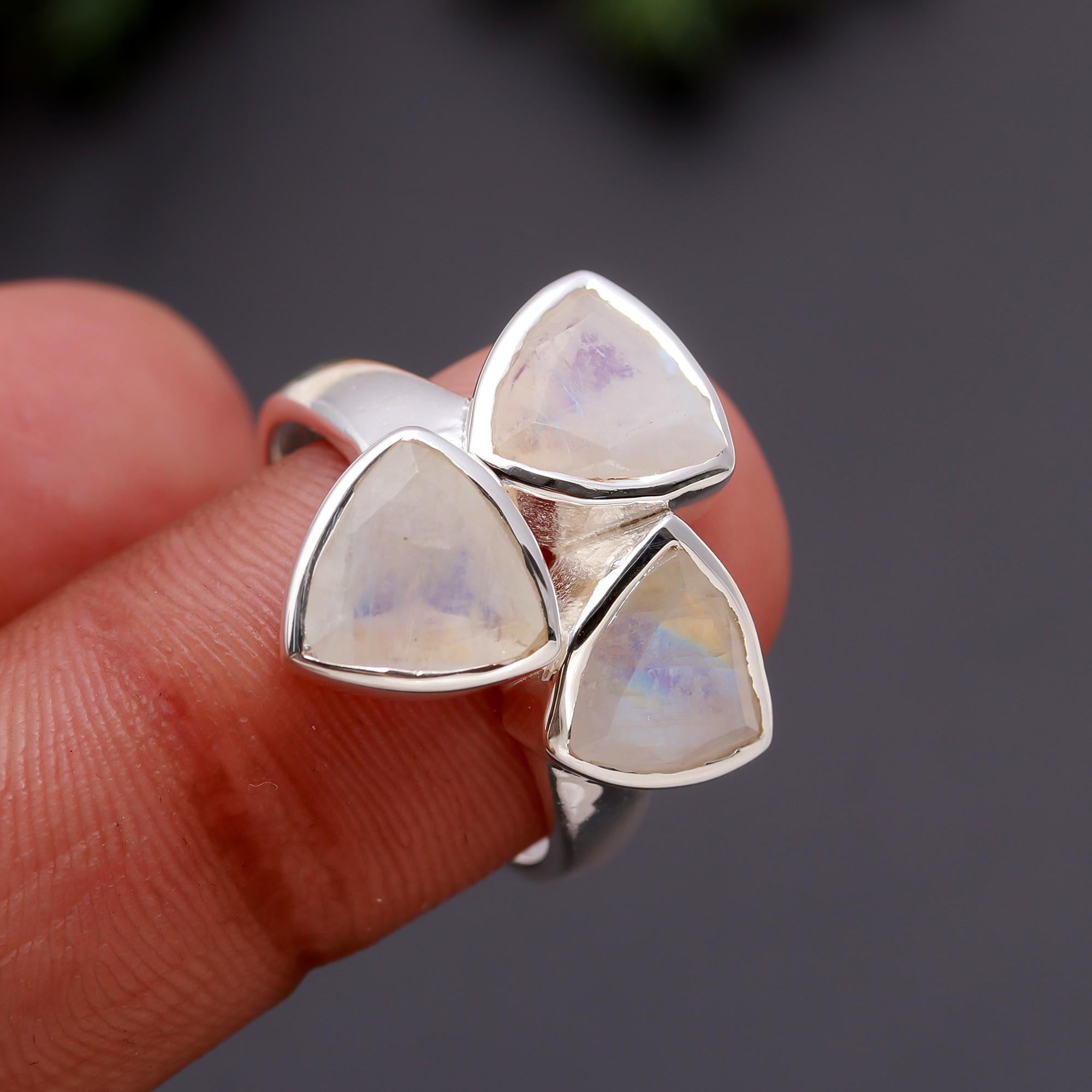925 Silver Trio Rainbow Moonstone Ring