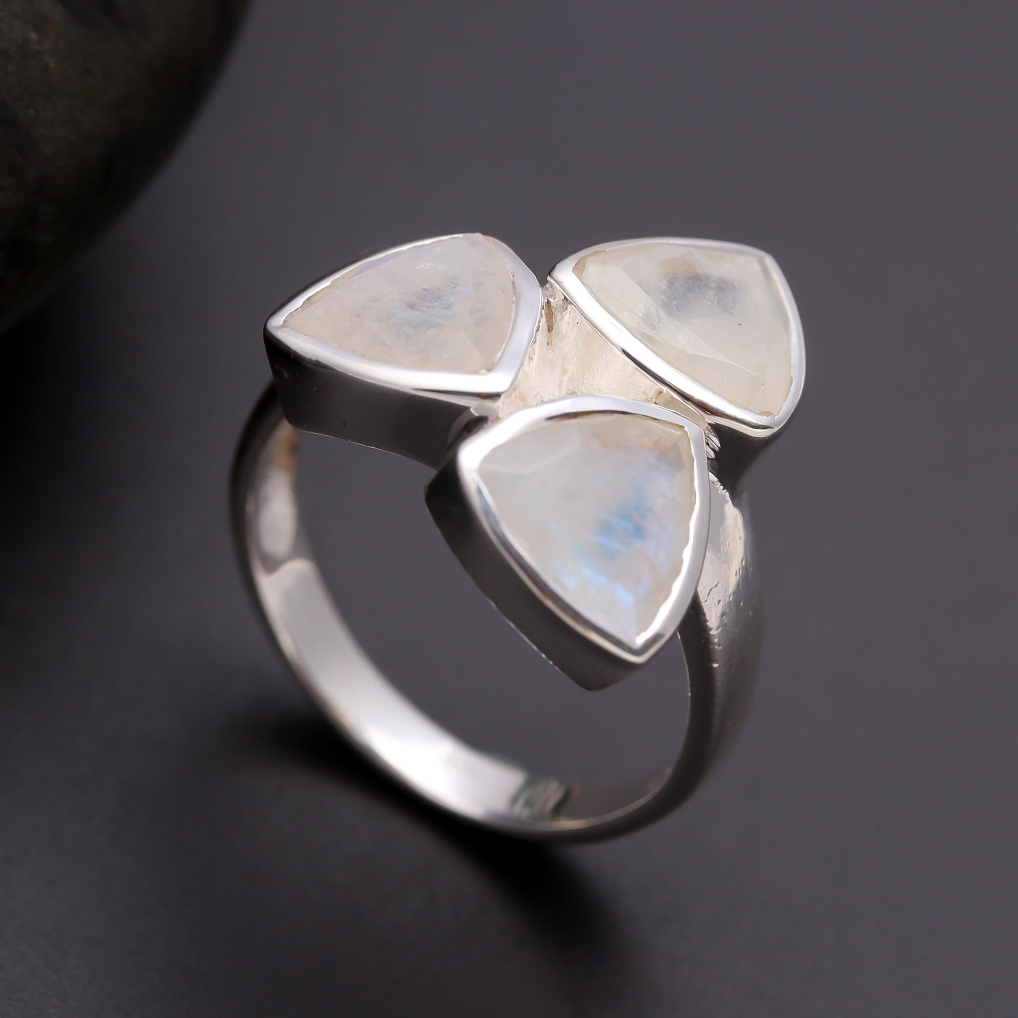 925 Silver Trio Rainbow Moonstone Ring