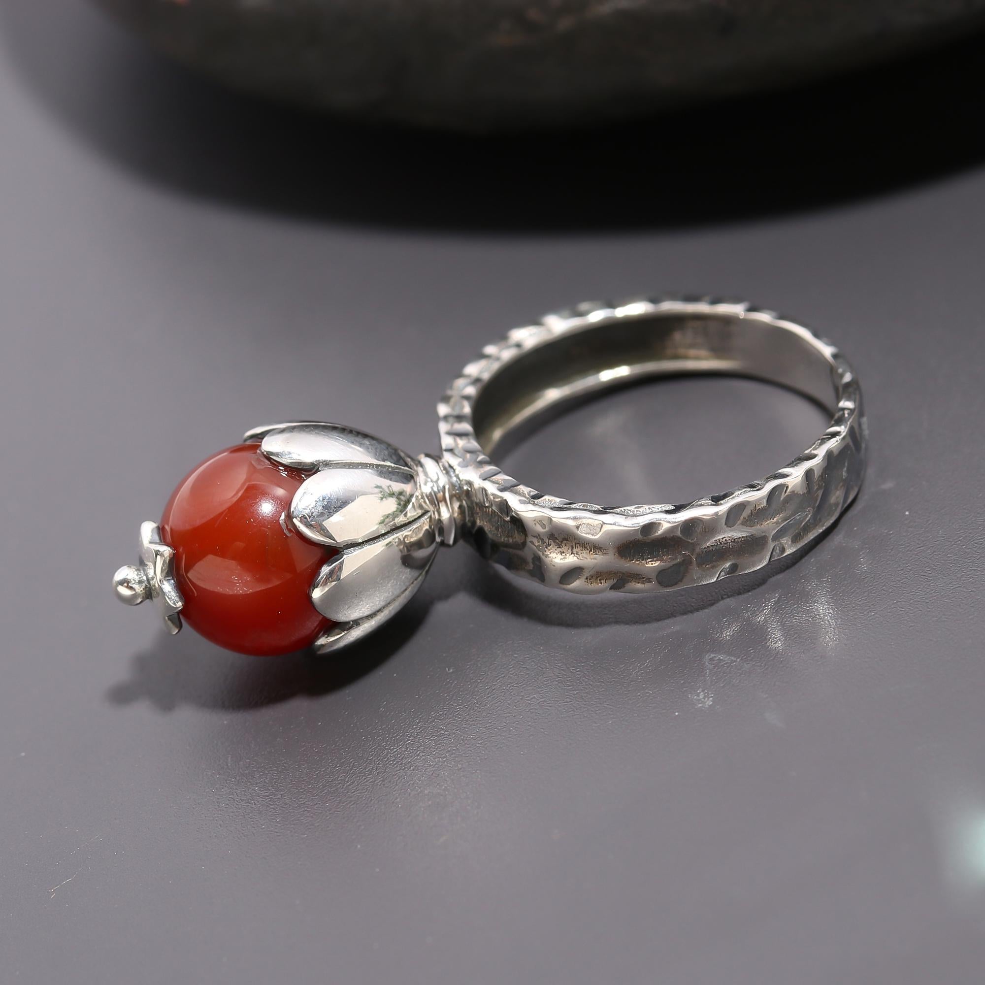 925 Silver Red Coral Textured Band Ring