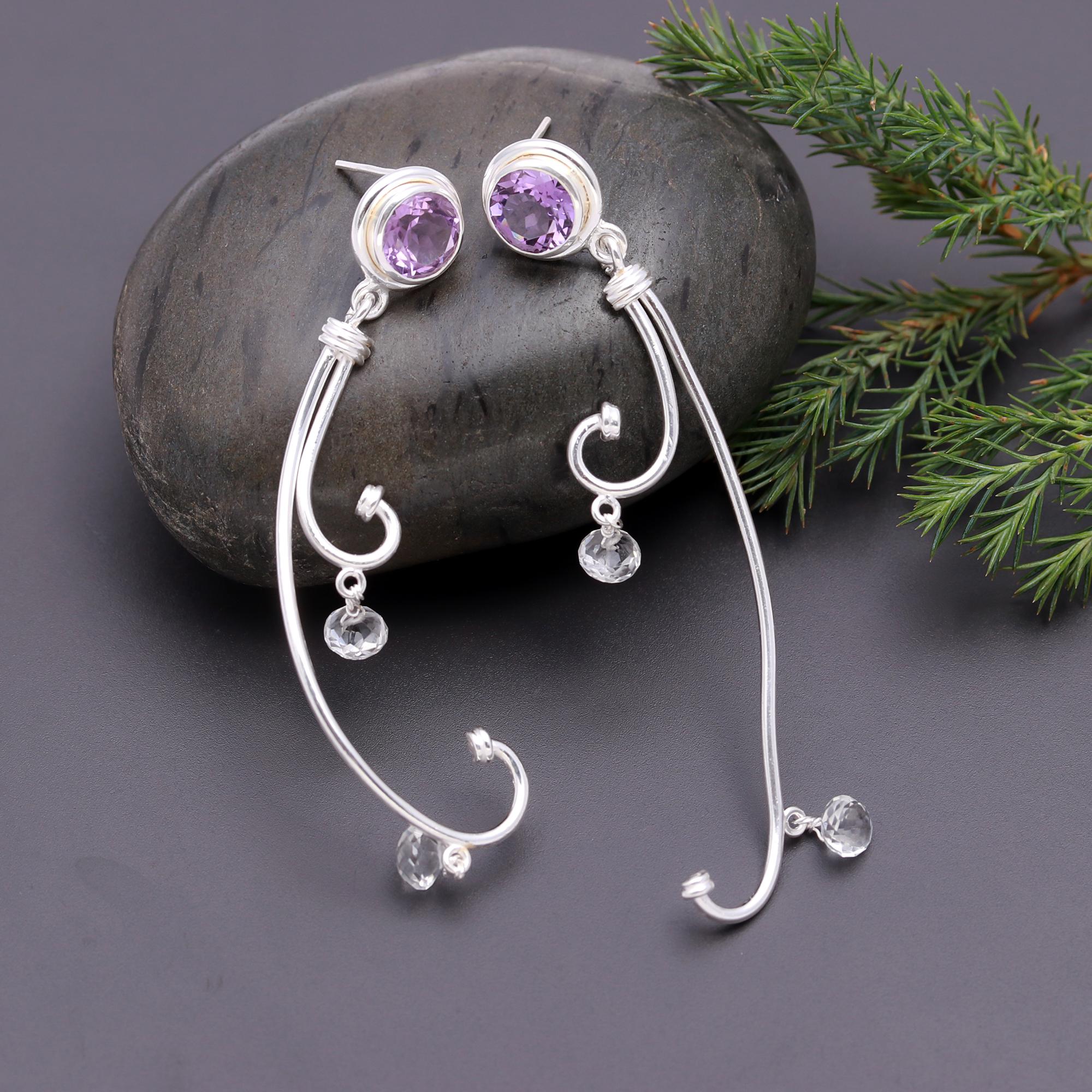 925 Silver Amethyst and Crystal Quartz Long Swirl Earrings