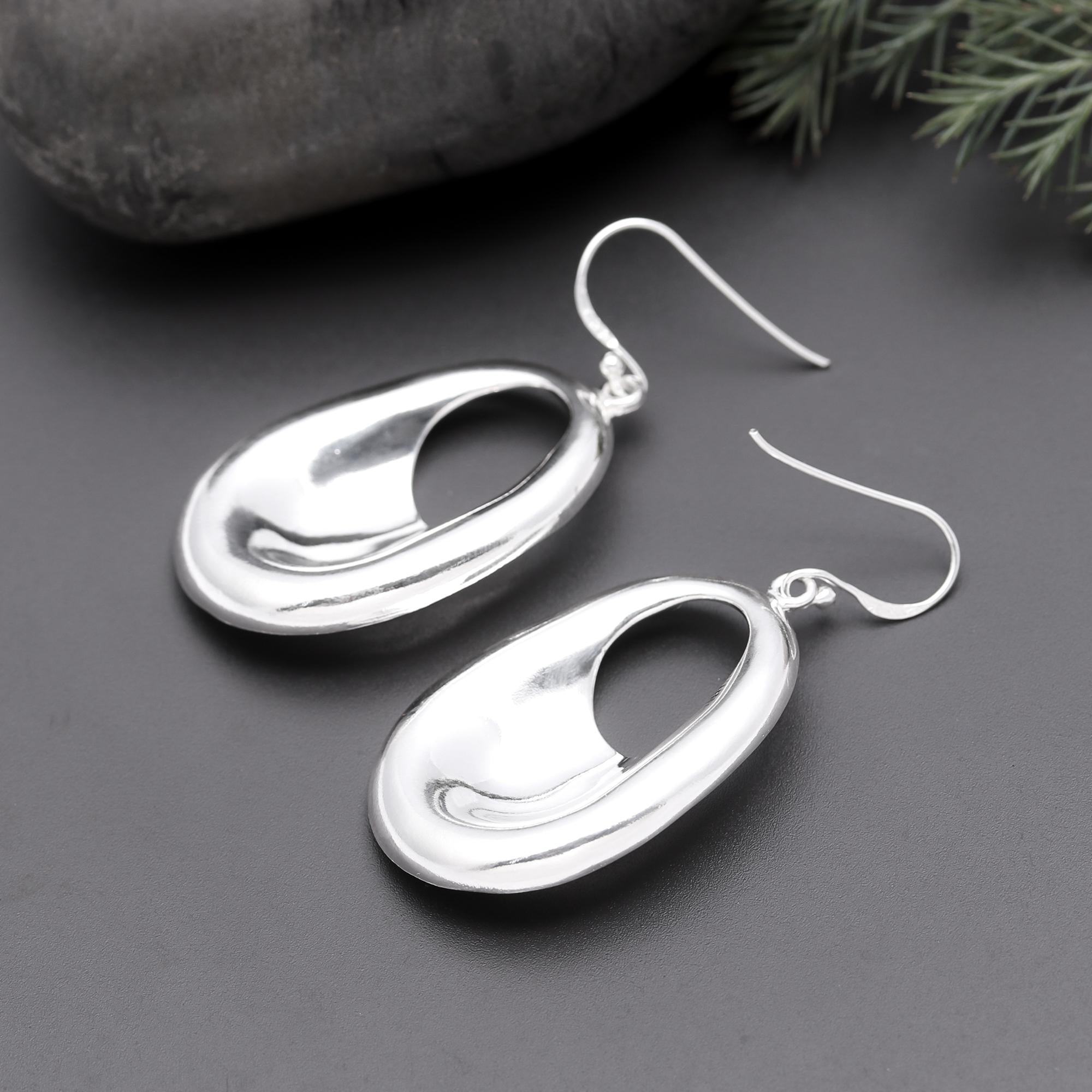 925 Silver Oval Hoop Dangle Earrings