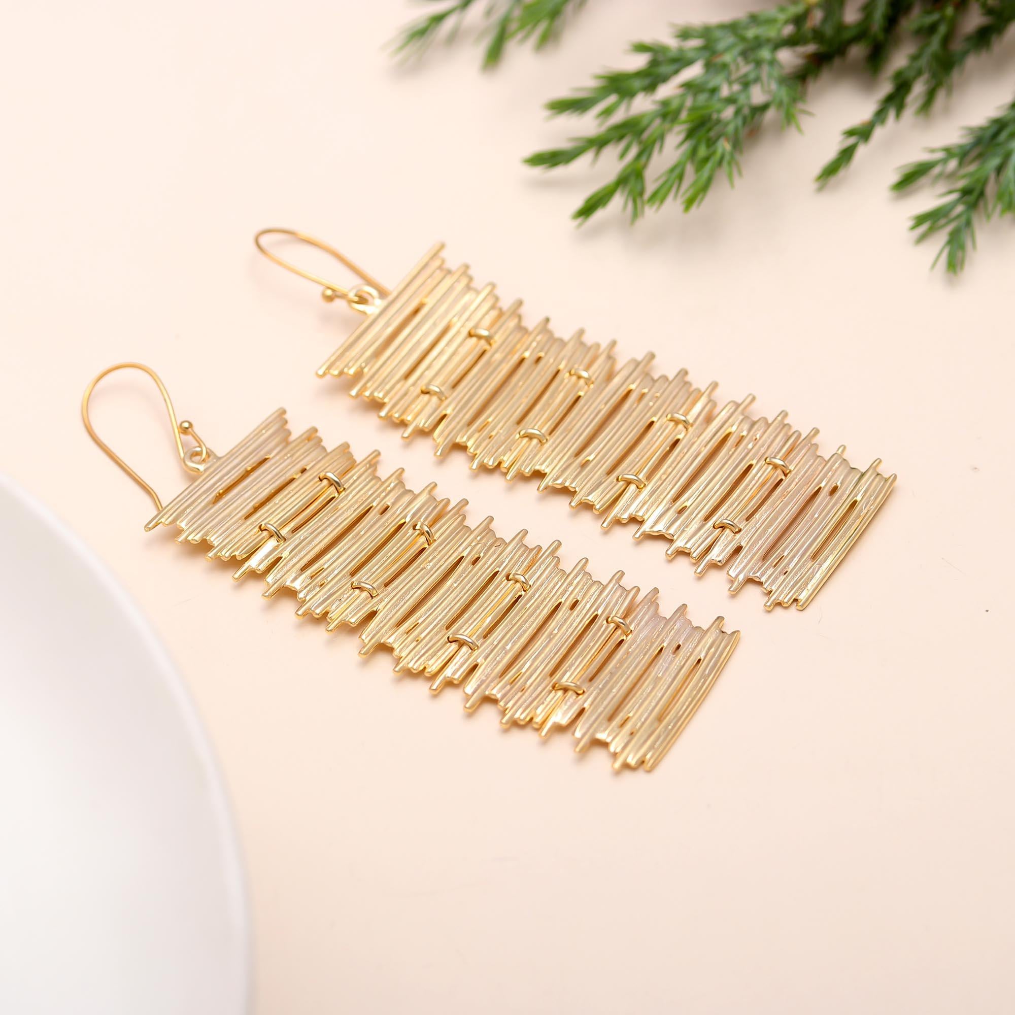The Golden Fringe: Textured Linear Drop Earrings
