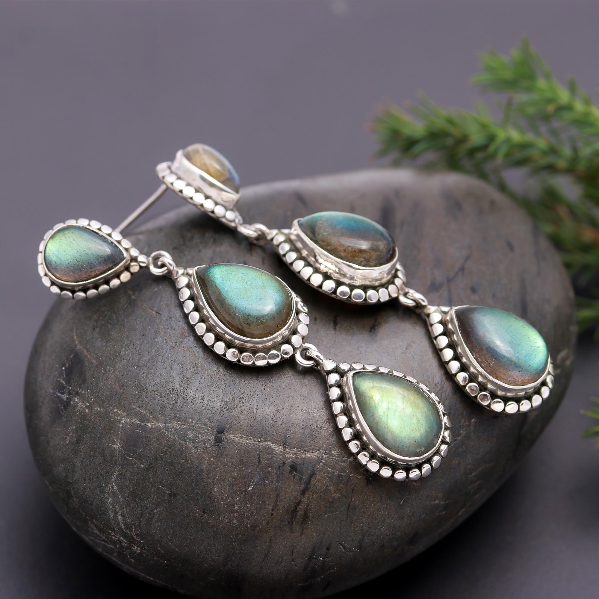 925 Silver Triple Labradorite Drop Earrings