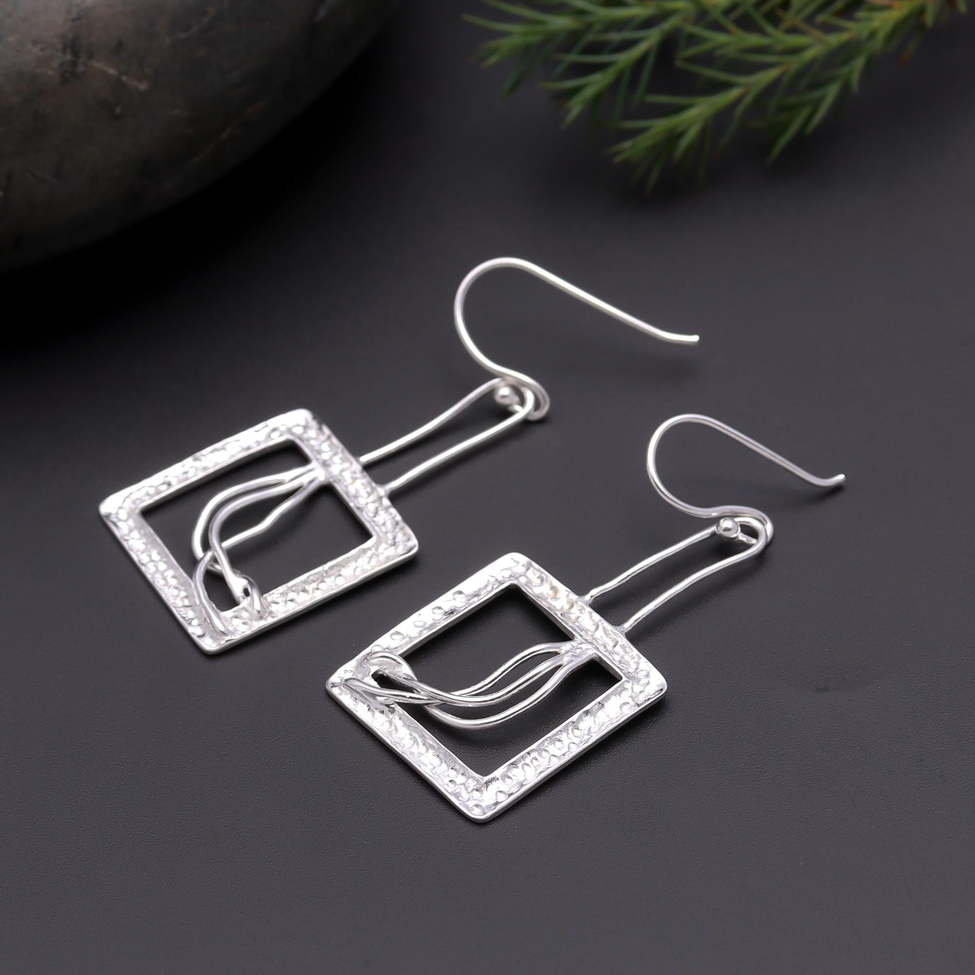925 Silver Hammered Square Frame Earrings