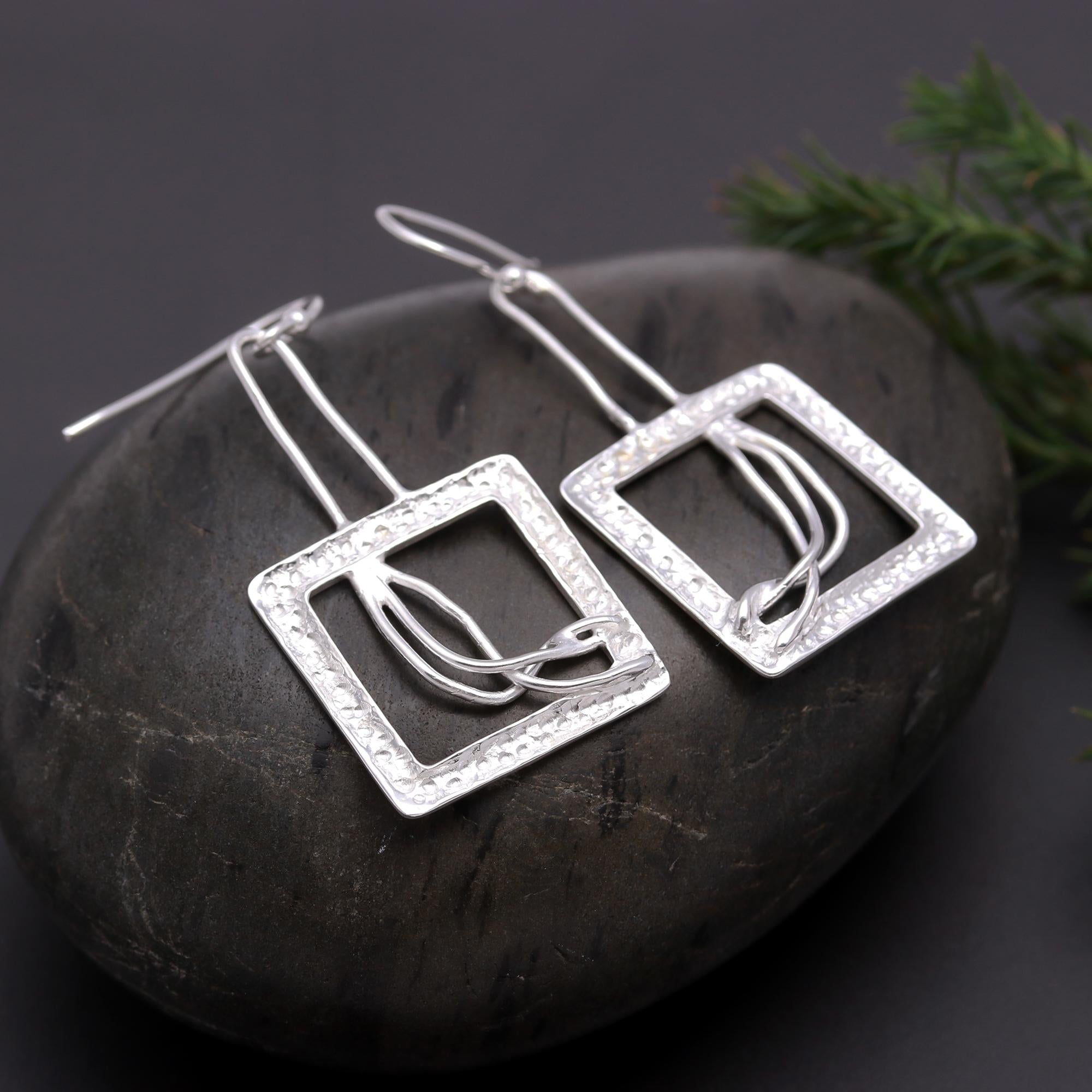 925 Silver Hammered Square Frame Earrings