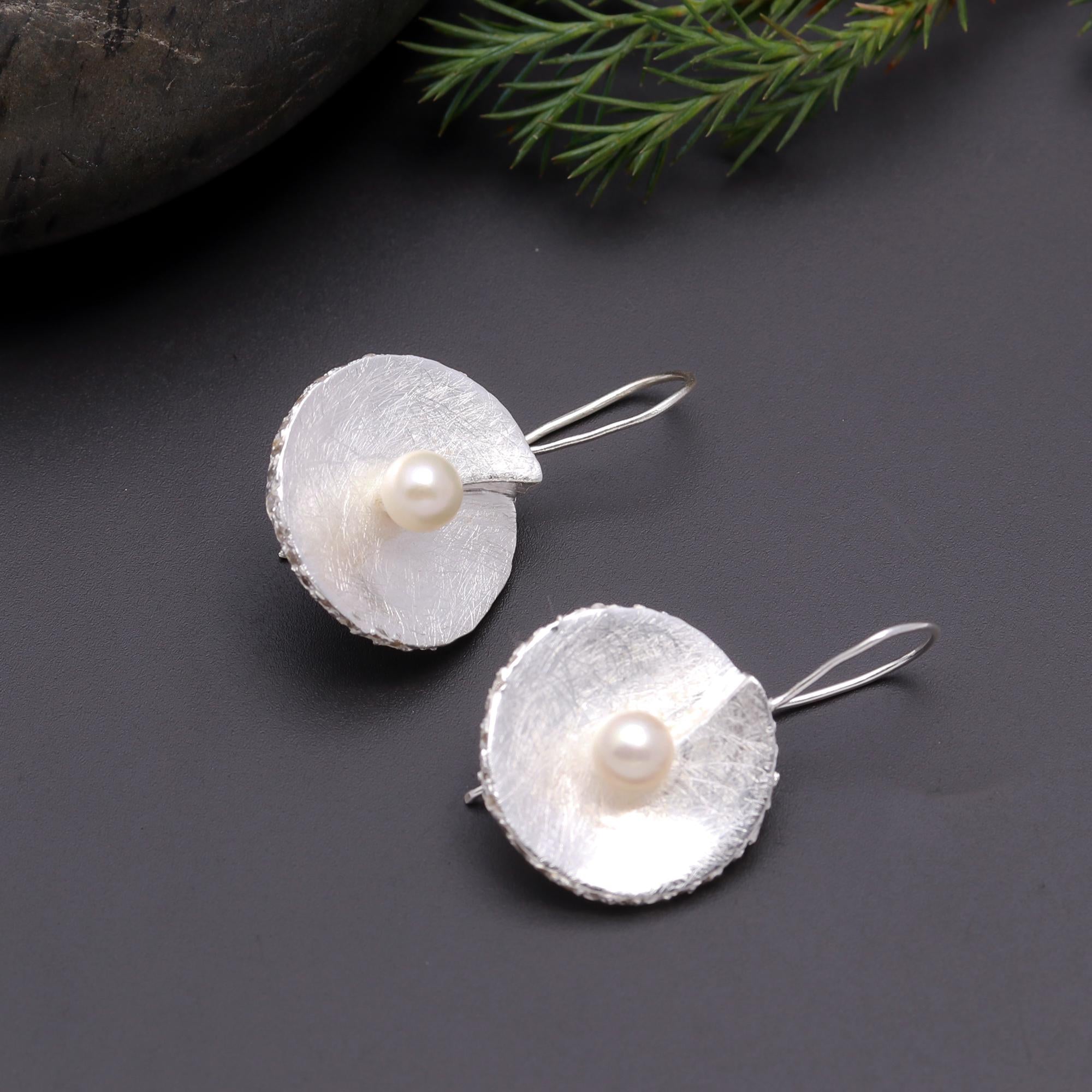 925 Silver Textured Petal Pearls Dangle Earrings